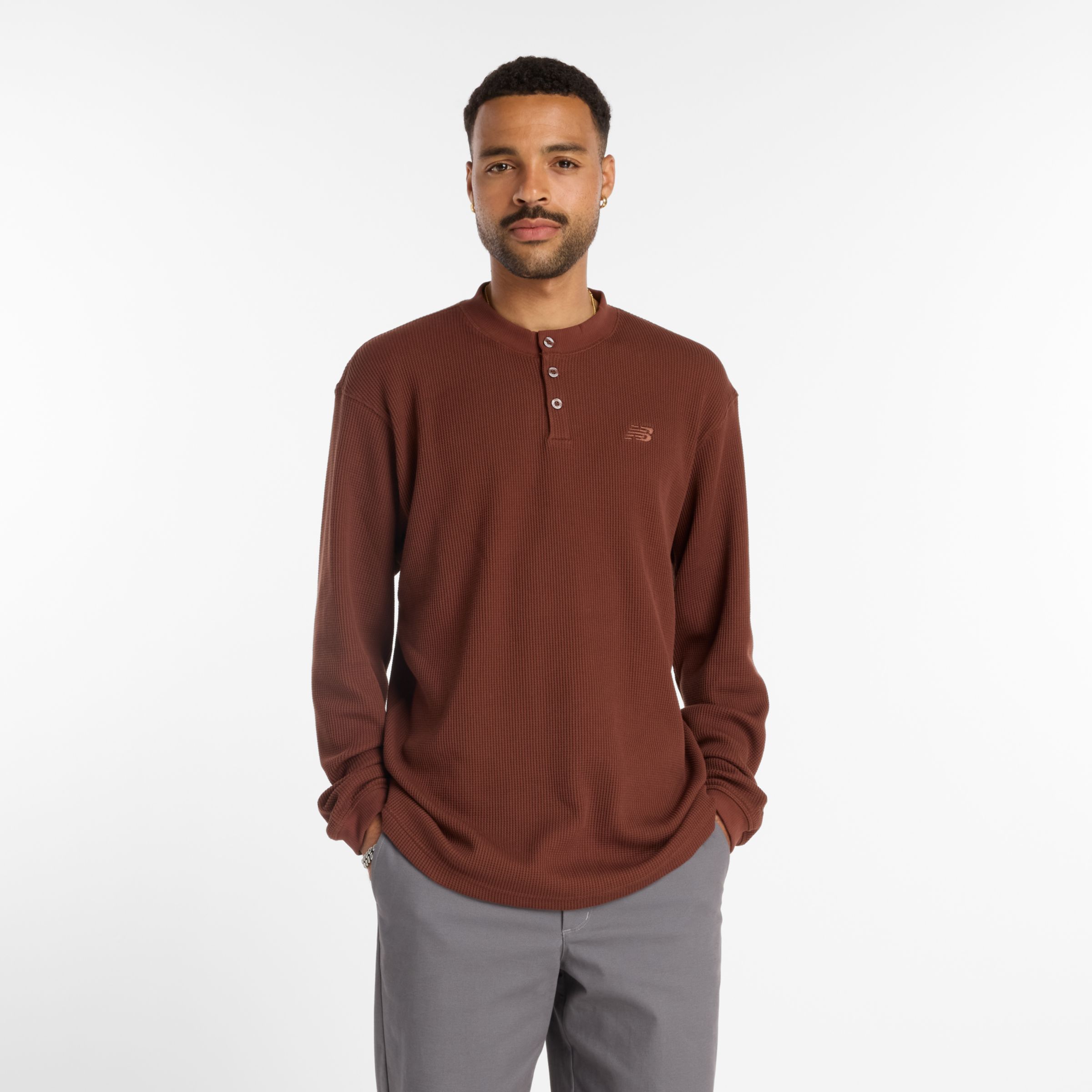 New Balance Men's Numeric Waffle Knit Long Sleeve Henley In Brown