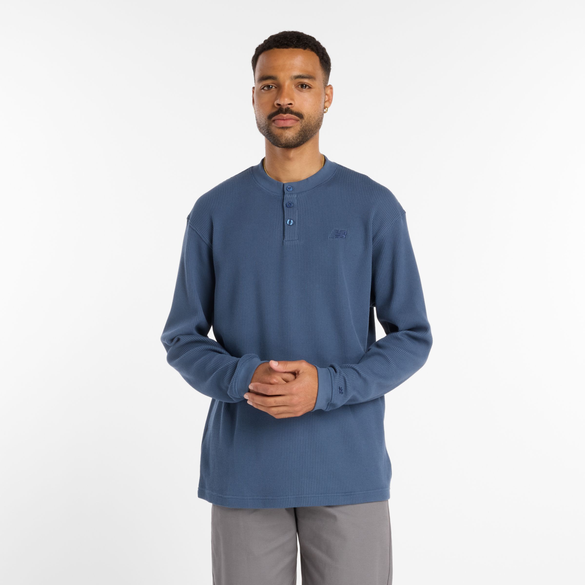 New Balance Men's Numeric Waffle Knit Long Sleeve Henley In Blue