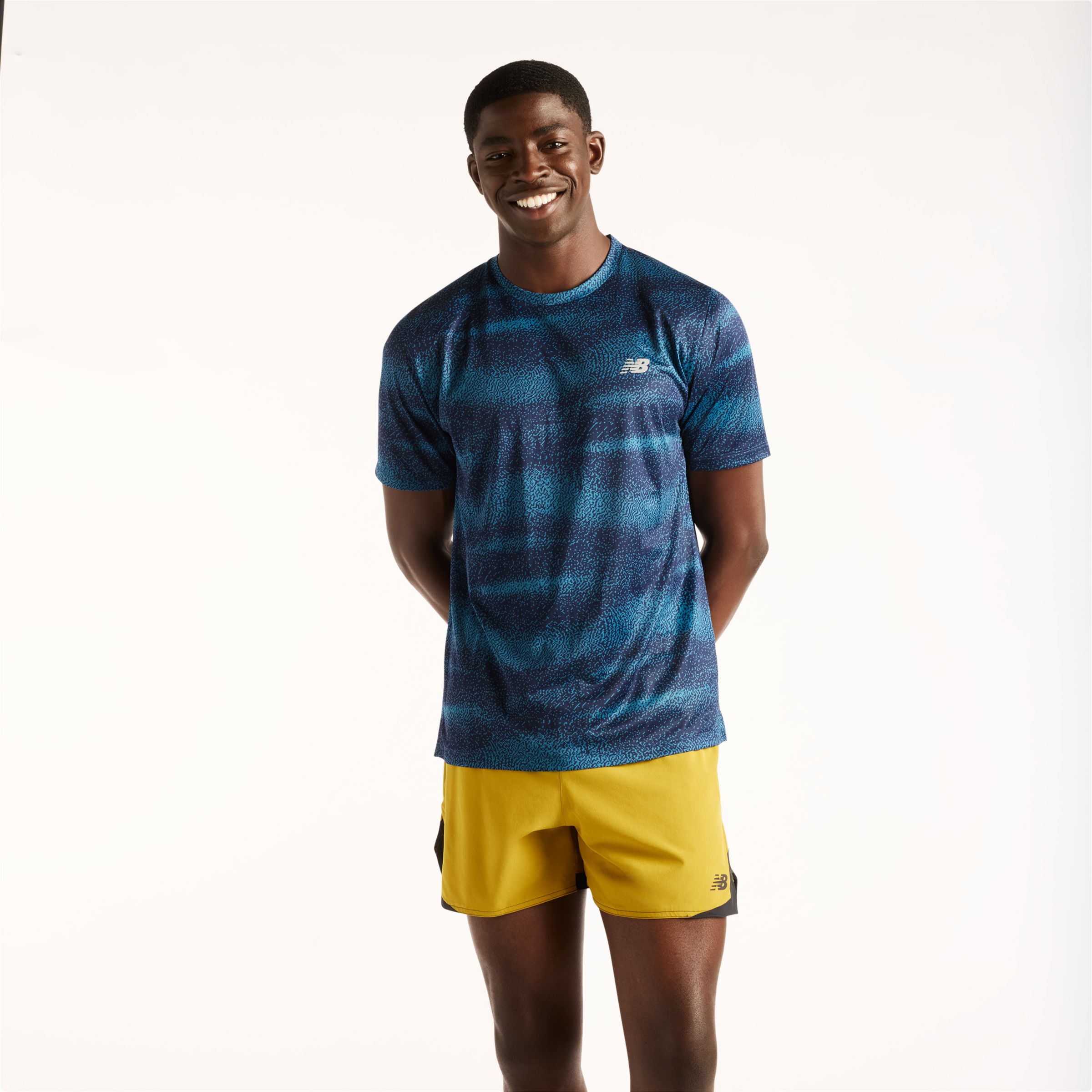 New Balance M&auml;n RC Essential Printed T-Shirt i Bl&aring; Poly Sticka, Storlek 2XL