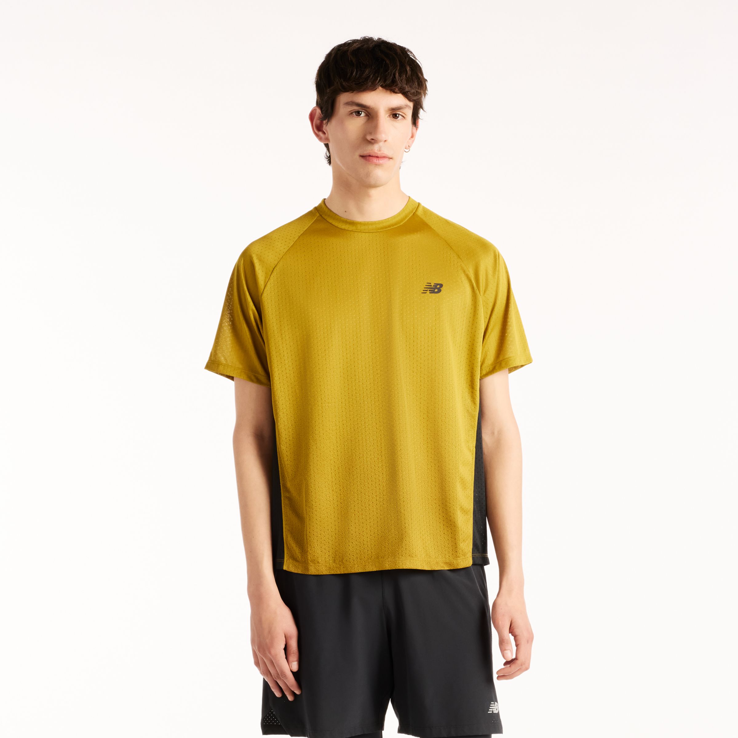 New Balance M&auml;n Viz-Tech Run T-Shirt i Brun/Svart Poly Sticka, Storlek 2XL