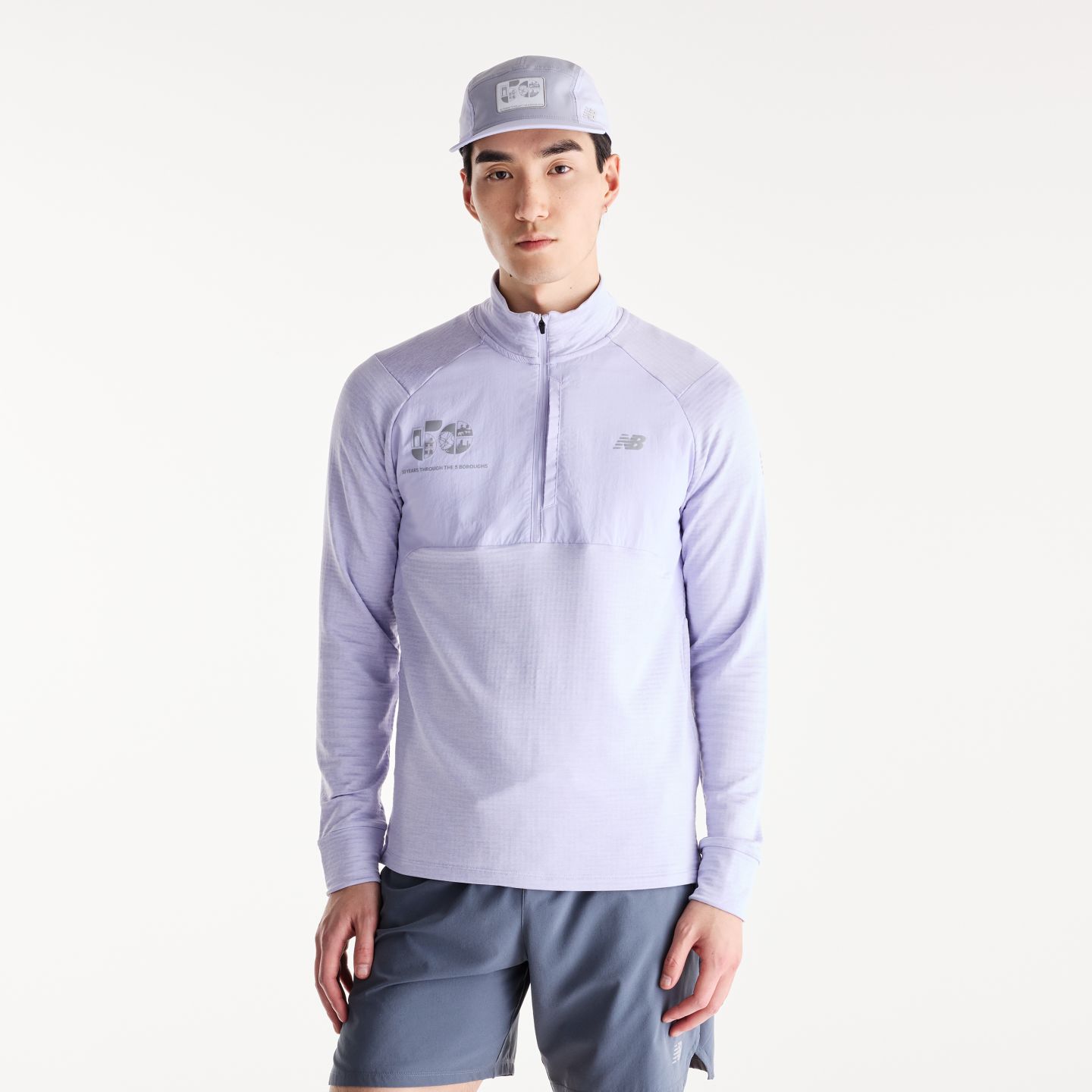 Мужская кофта на молнии 1/2 New Balance NYC Marathon Athletics Heat Grid 50th Boroughs, цвет: Дымчатый фиолетовый — фото 1