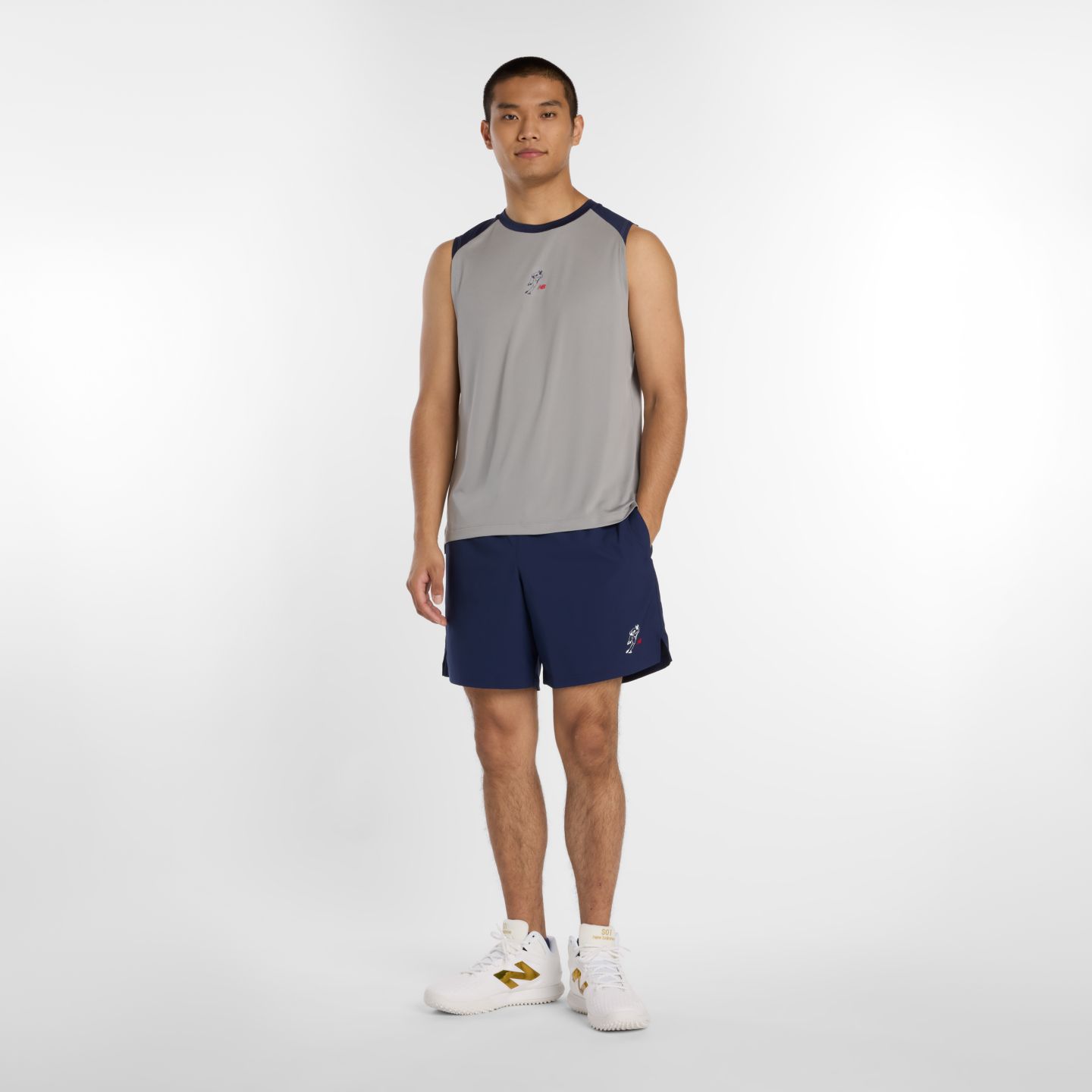 Мужской топ New Balance Shohei Sleeveless Training Top, цвет: Серый / Тёмно-синий — фото 2