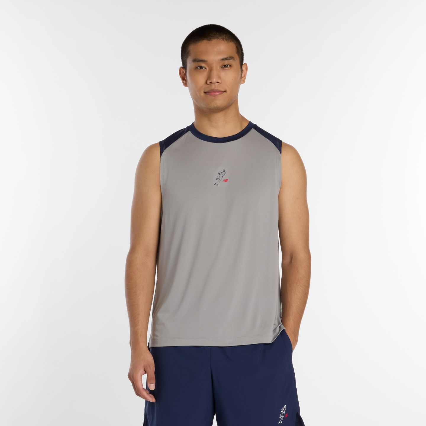 Мужской топ New Balance Shohei Sleeveless Training Top, цвет: Серый / Тёмно-синий — фото 1
