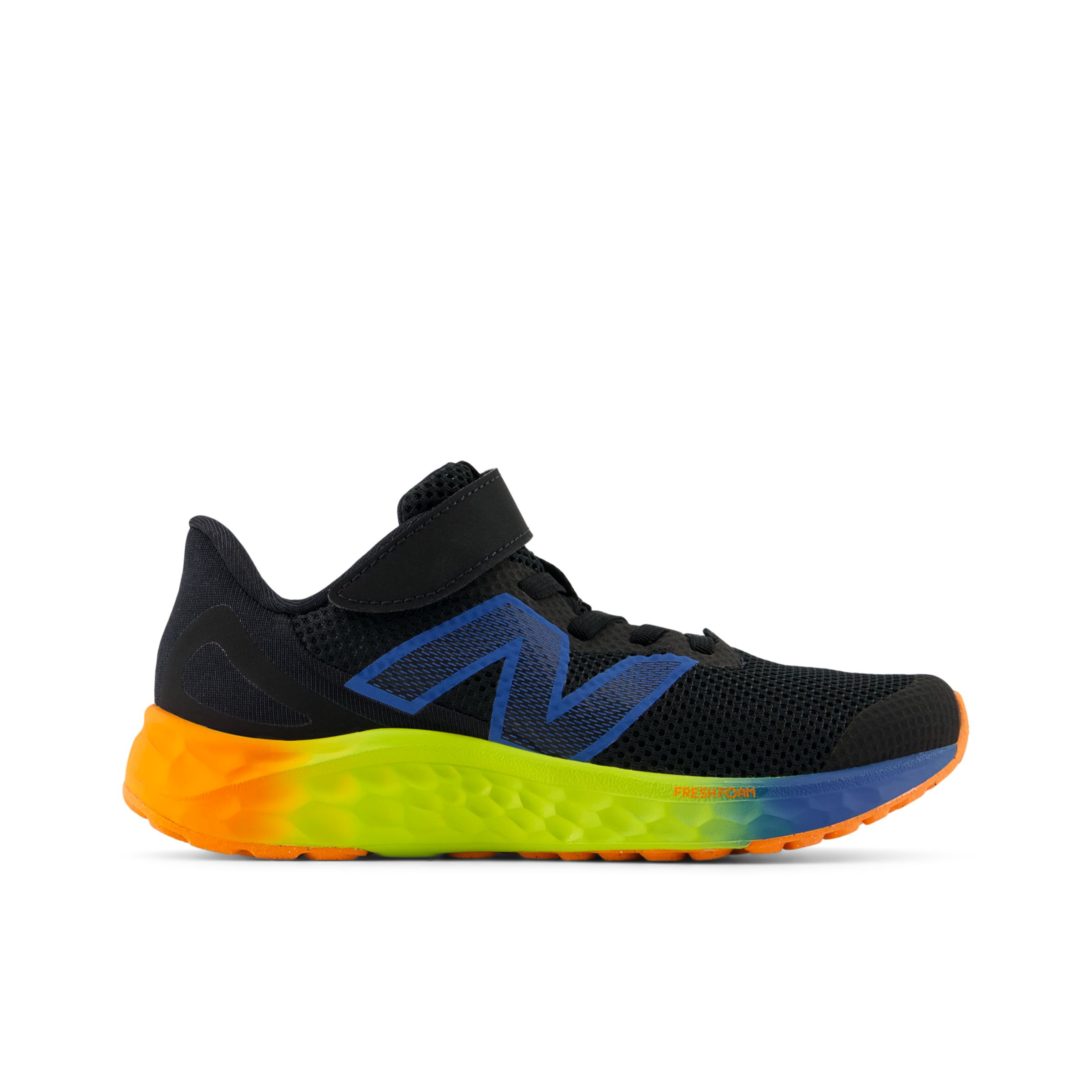 New Balance Kinder Fresh Foam Arishi v4 Bungee Lace with Top Strap in Schwarz/Orange/Blau/Grün