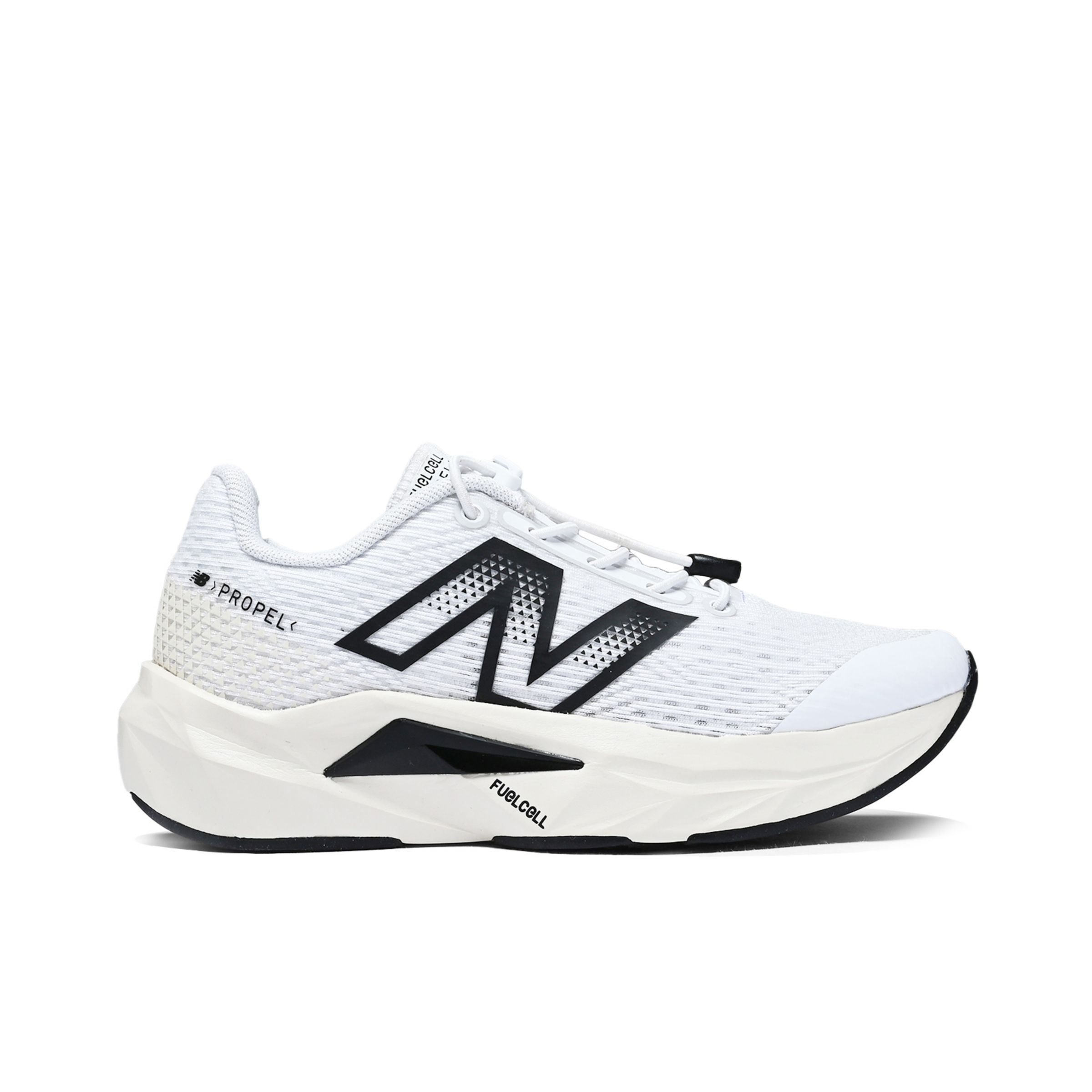 New Balance Kids' Bungee FuelCell Propel v5 in White/Black/Beige Synthetic, size 2
