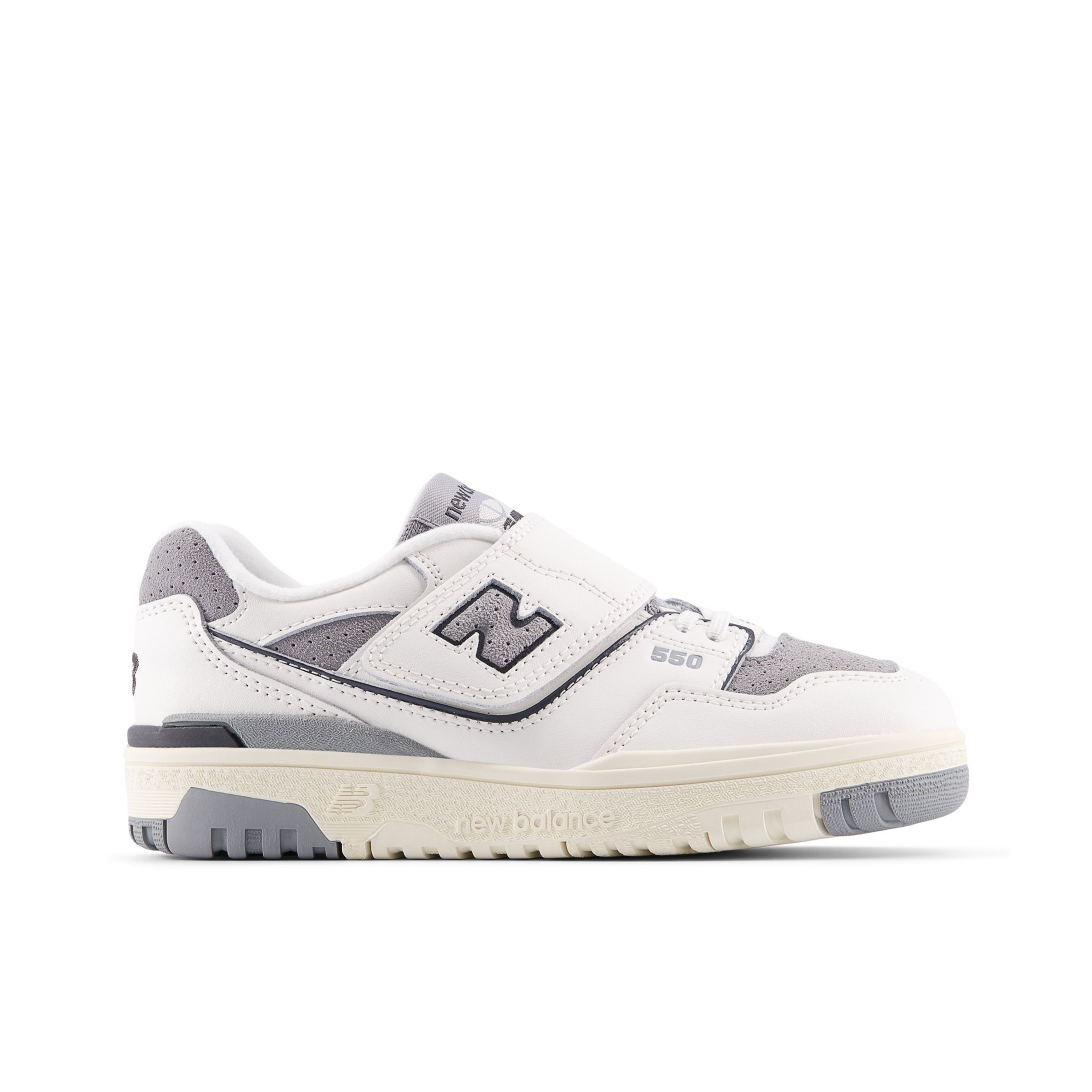 New Balance Kids' 550 HOOK & LOOP in White/Grey Synthetic, size 2