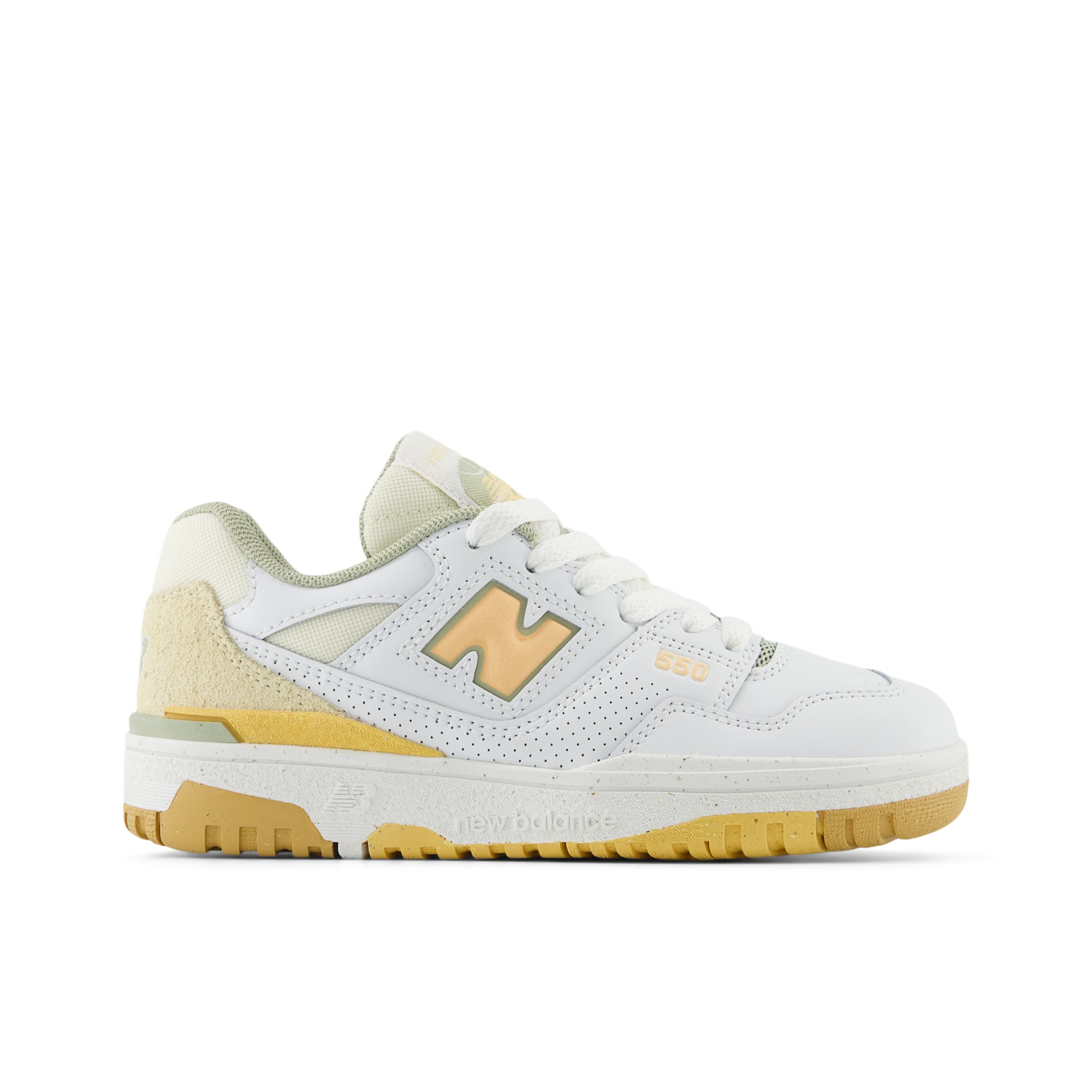 New Balance Kids' 550 in White/Orange Synthetic, size 11.5