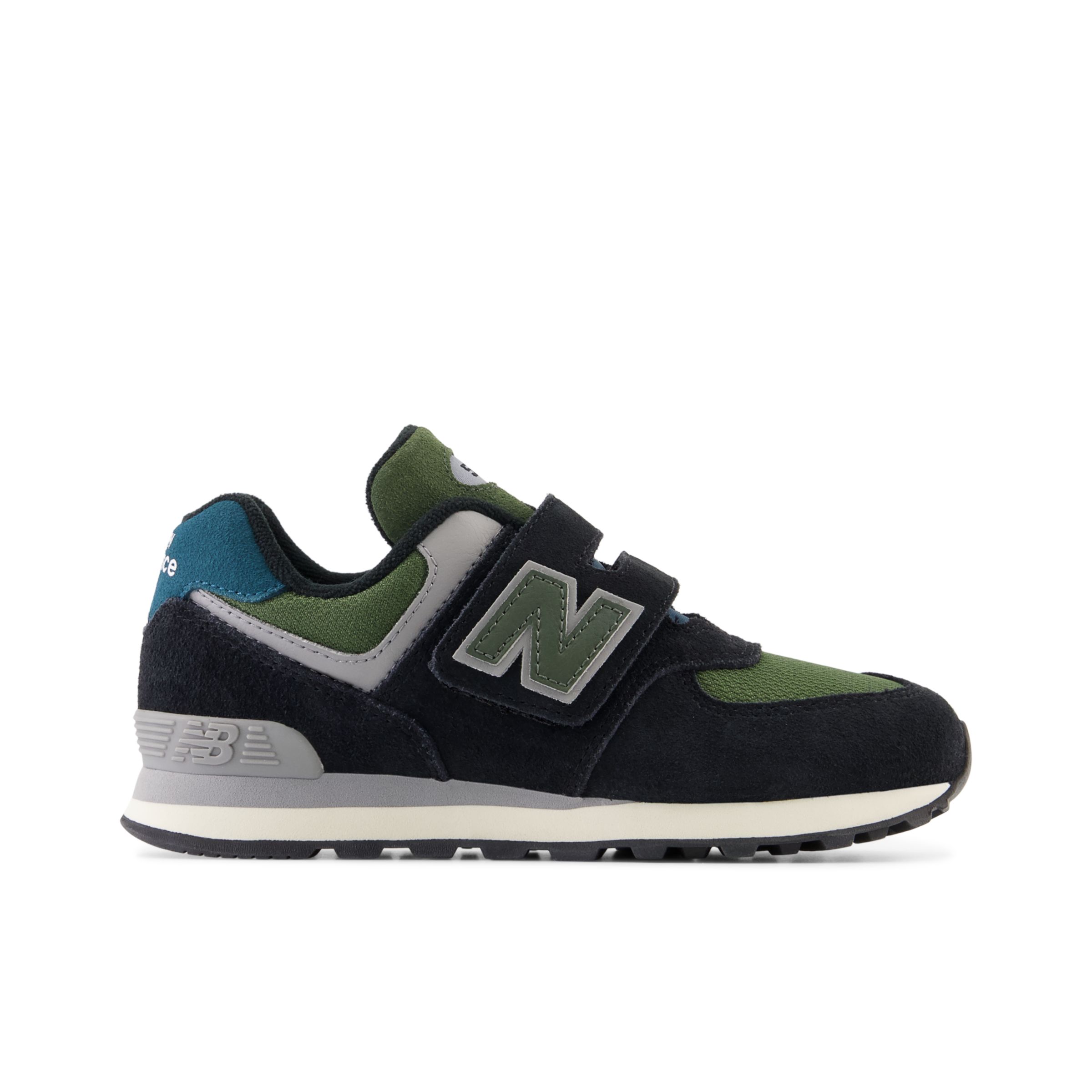 

New Balance Enfant 574 Hook & Loop en Noir/Vert, Synthetic, Taille 30.5