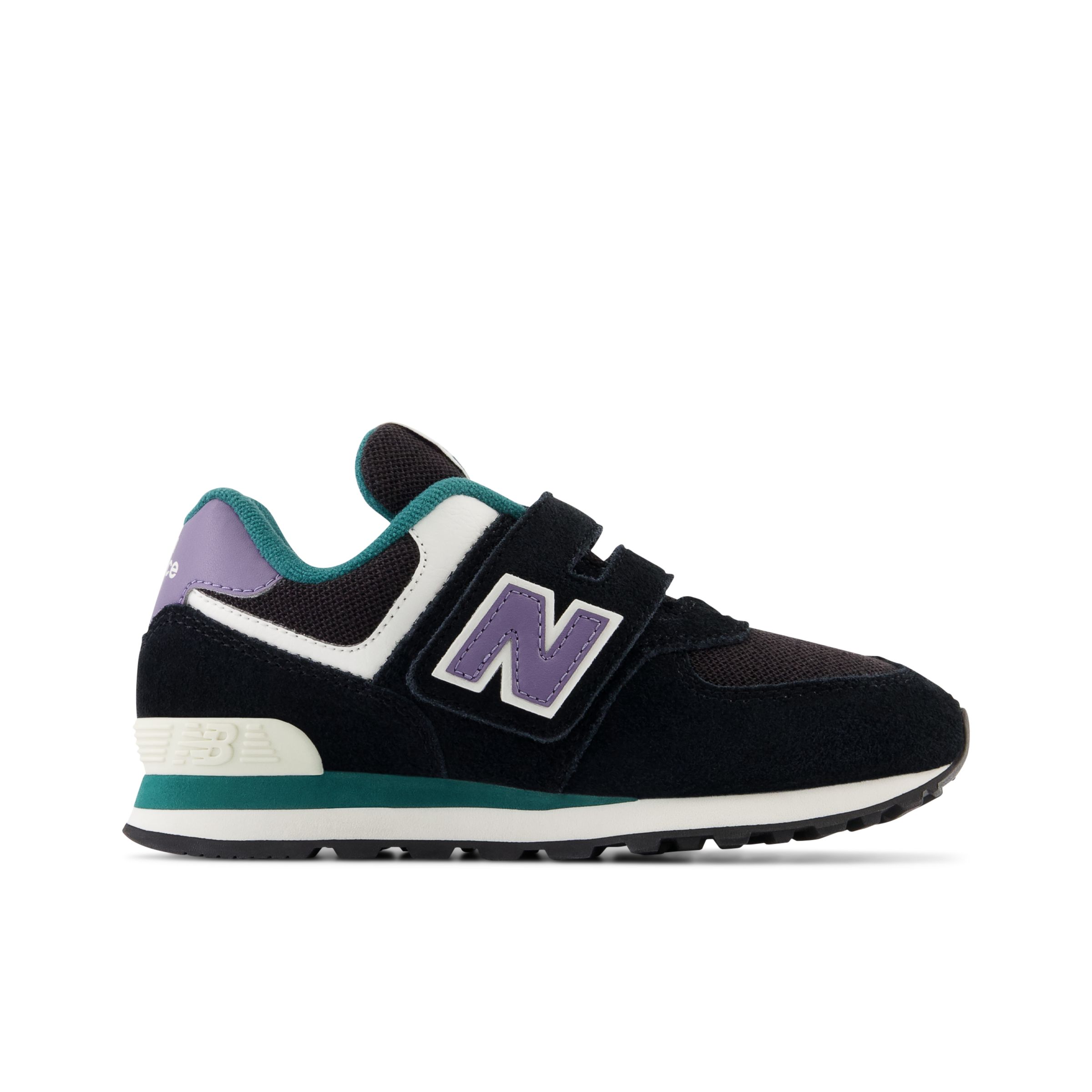 New Balance Enfant 574 Hook & Loop en Noir/Mauve/Vert, Leather, Taille 32