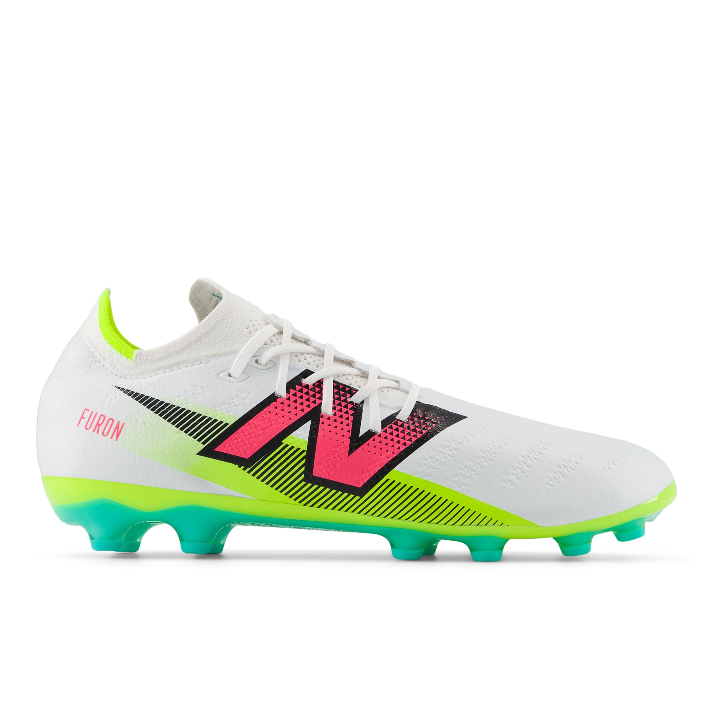 New Balance Unisex FURON PRO AG V7+ in White/Yellow/Black/Pink Synthetic, size 7.5