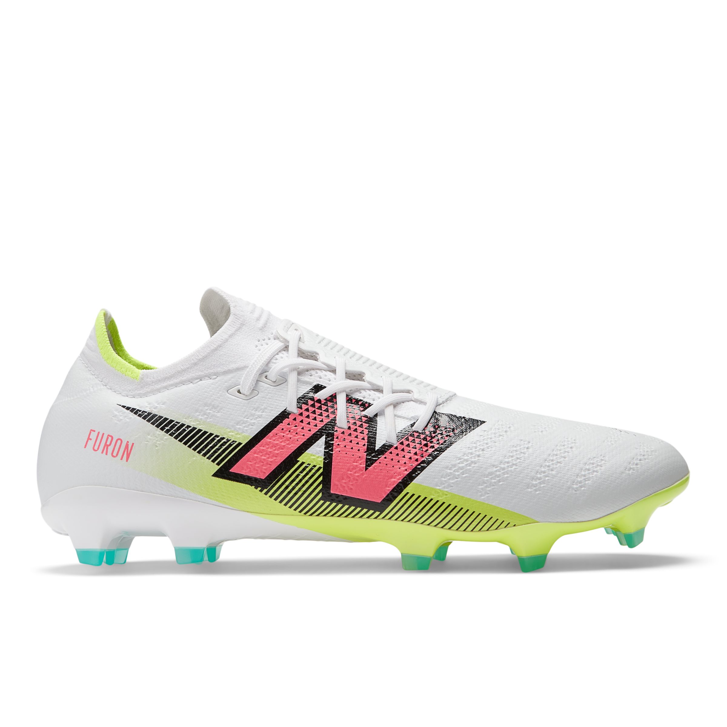 New Balance Unisex FURON PRO FG V7+ in White/Yellow/Pink/Black Synthetic, size 5.5