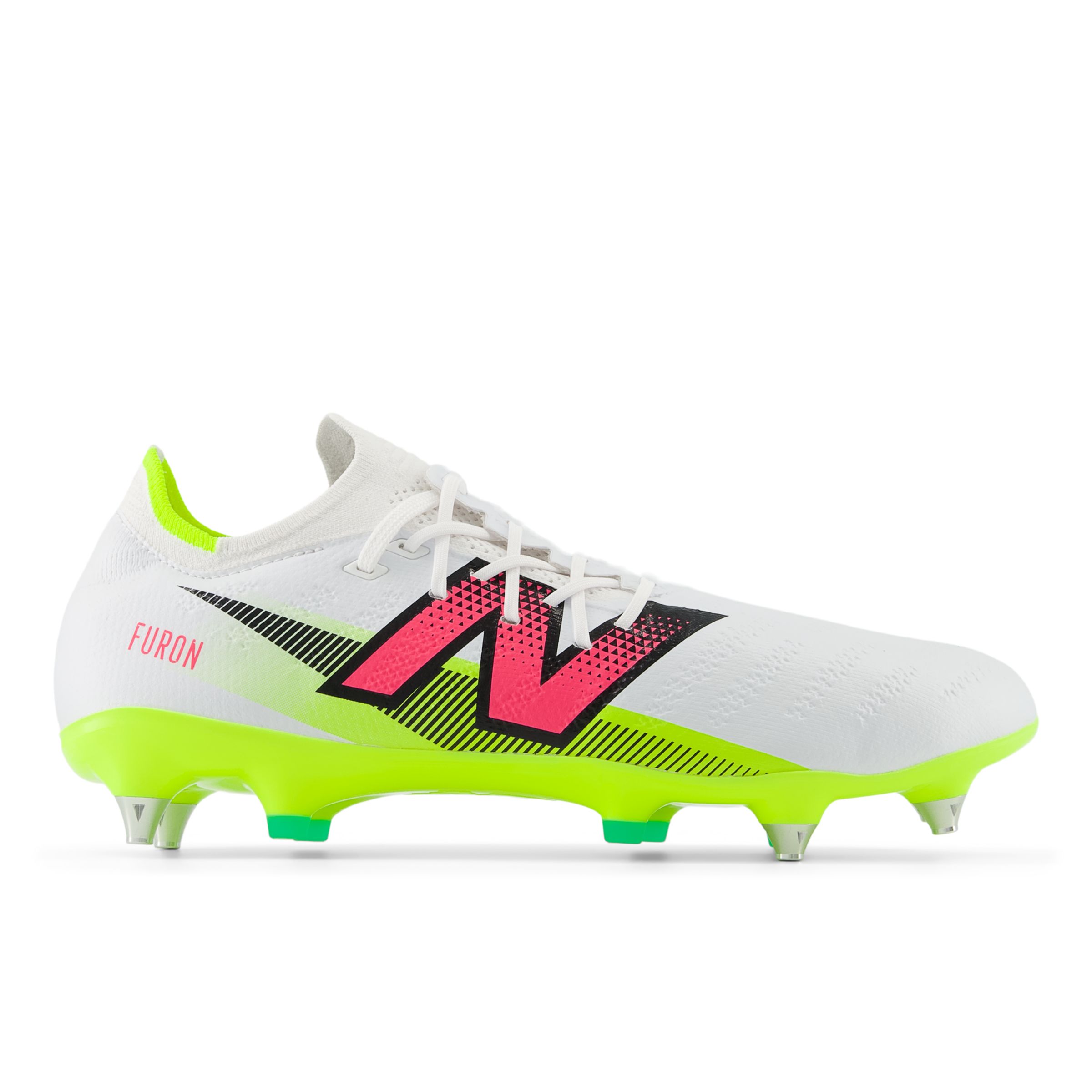 New Balance Unisex FURON PRO SG V7+ in White/Yellow/Black/Pink Synthetic, size 7.5