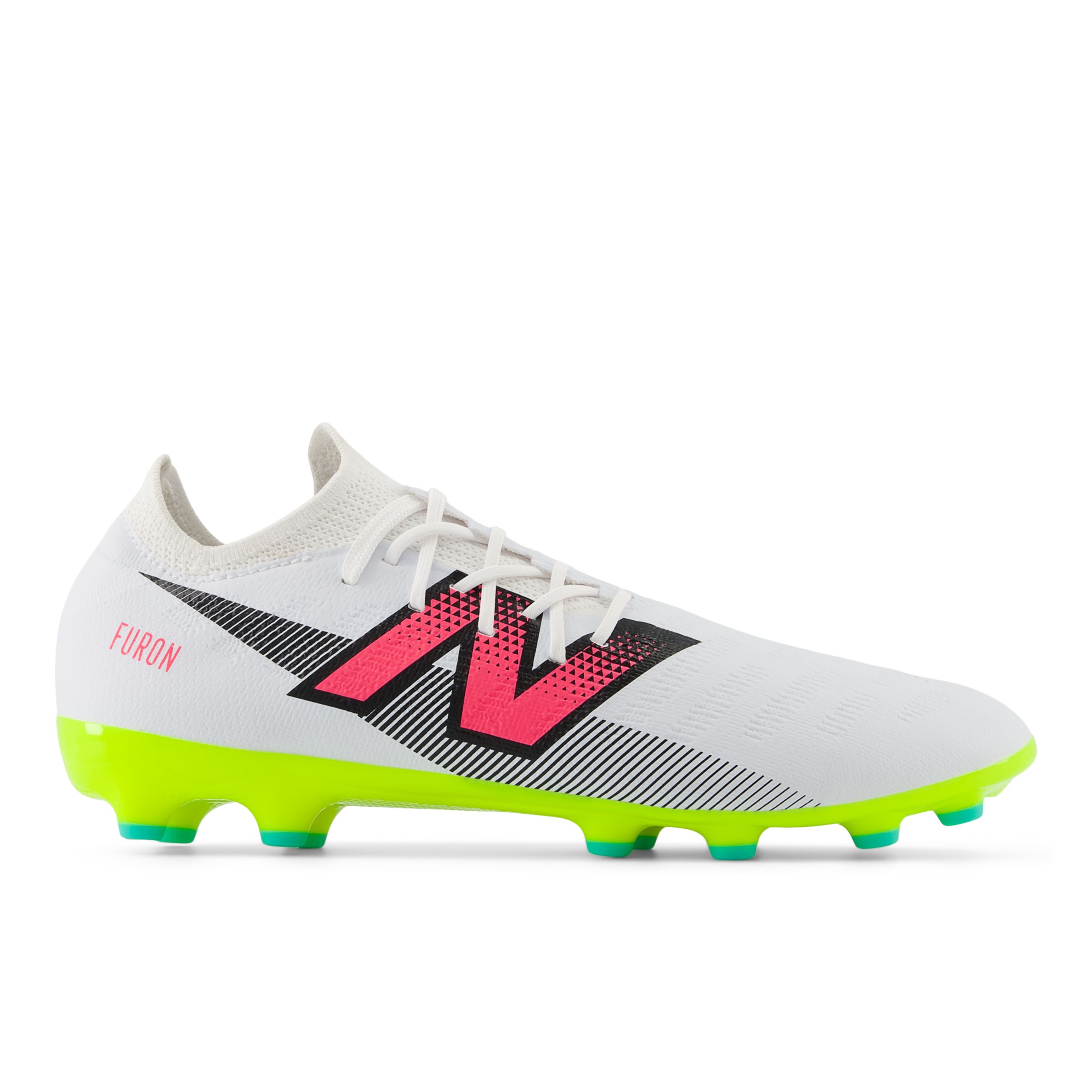 New Balance Unisex FURON DESTROY AG V7+ in White/Yellow/Black/Pink Synthetic, size 7