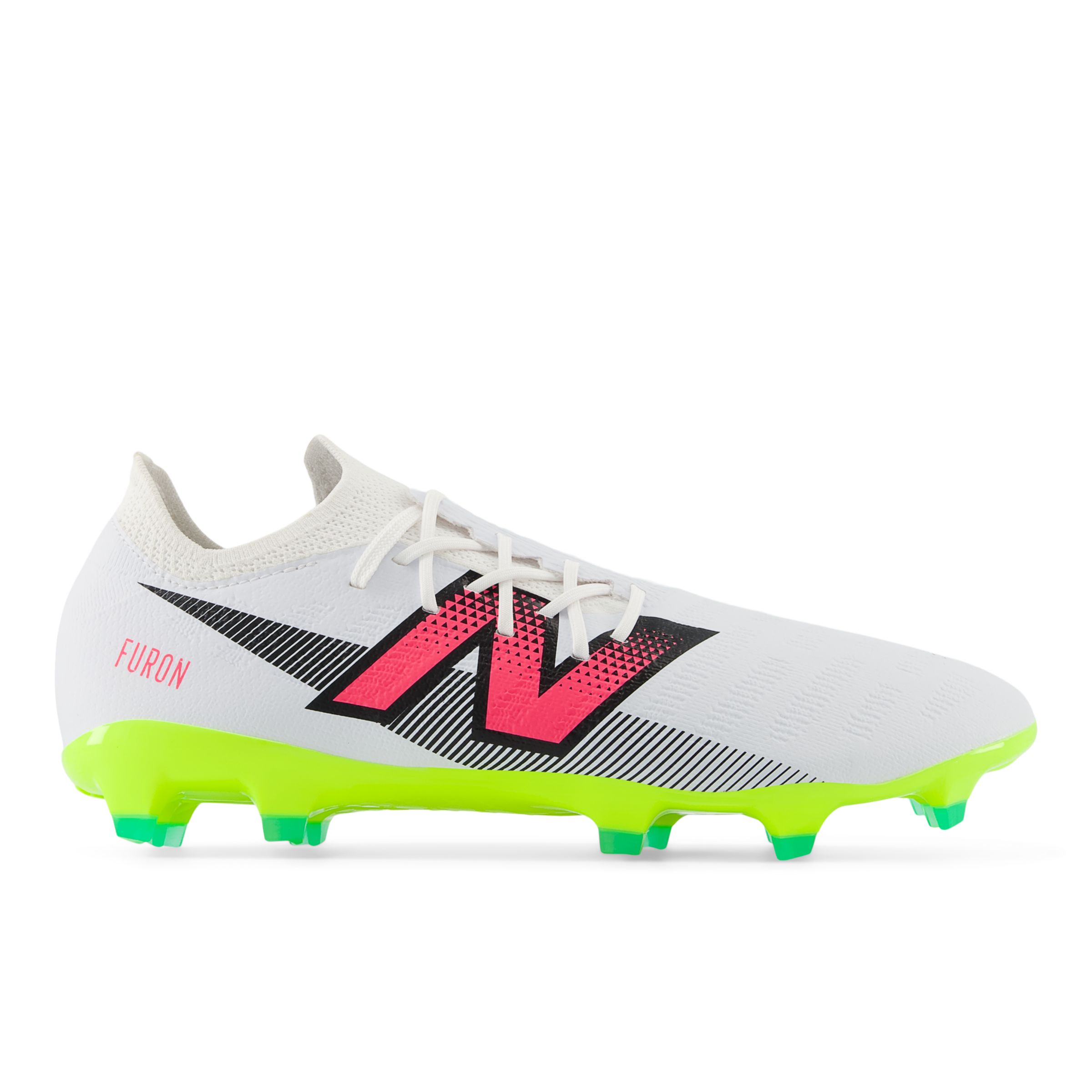 New Balance Unisex FURON DESTROY FG V7+ in White/Yellow/Black/Pink Synthetic, size 12