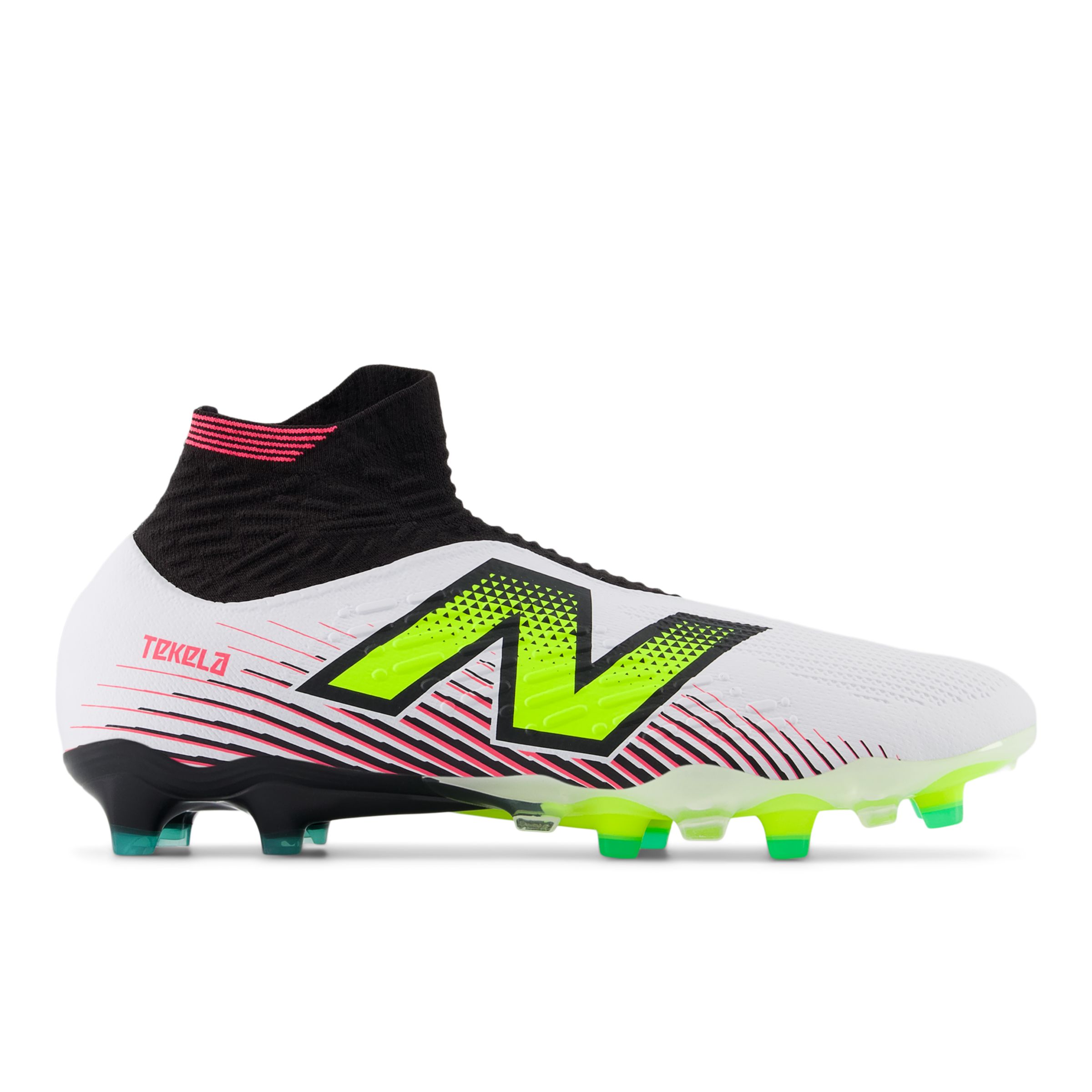 New Balance Unisex TEKELA PRO FG V4+ in White/Yellow/Black/Pink Synthetic, size 6.5