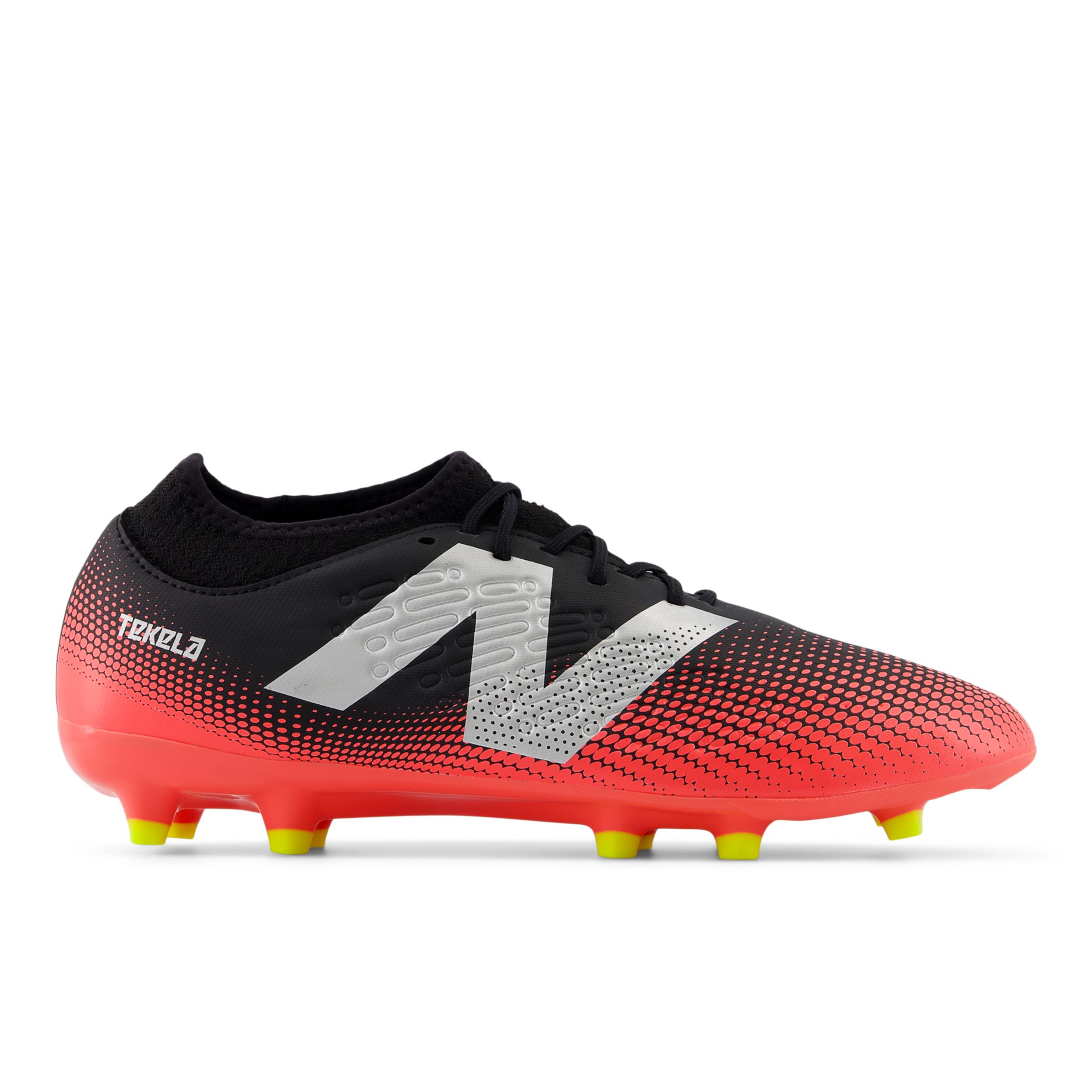 New Balance Unisex TEKELA MAGIQUE FG V4+ in Black/Red/Yellow/Grey Synthetic, size 10.5