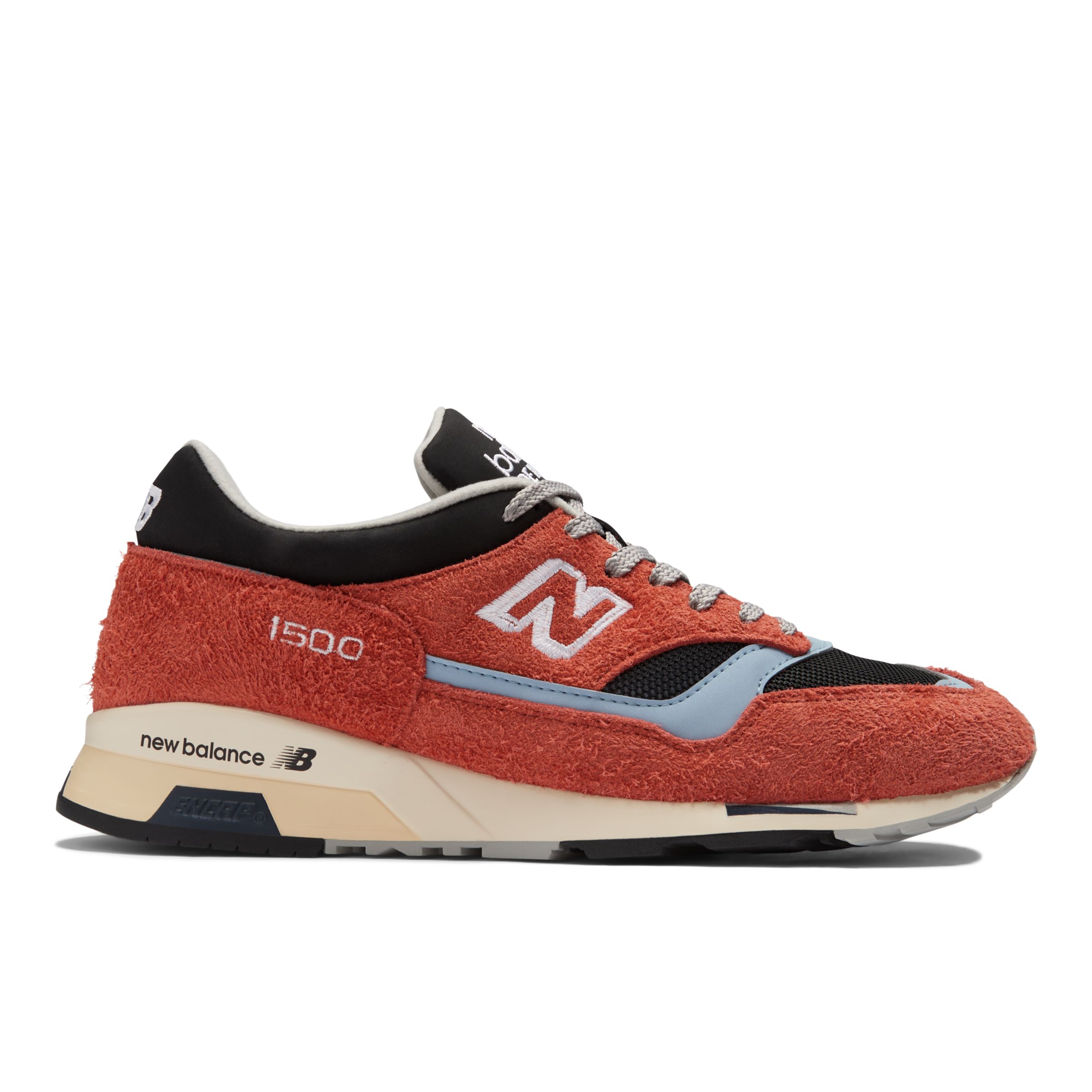 New Balance Unisex MADE in UK 1500 in Orange/Black/Blue/Yellow Suede/Mesh, size 11.5