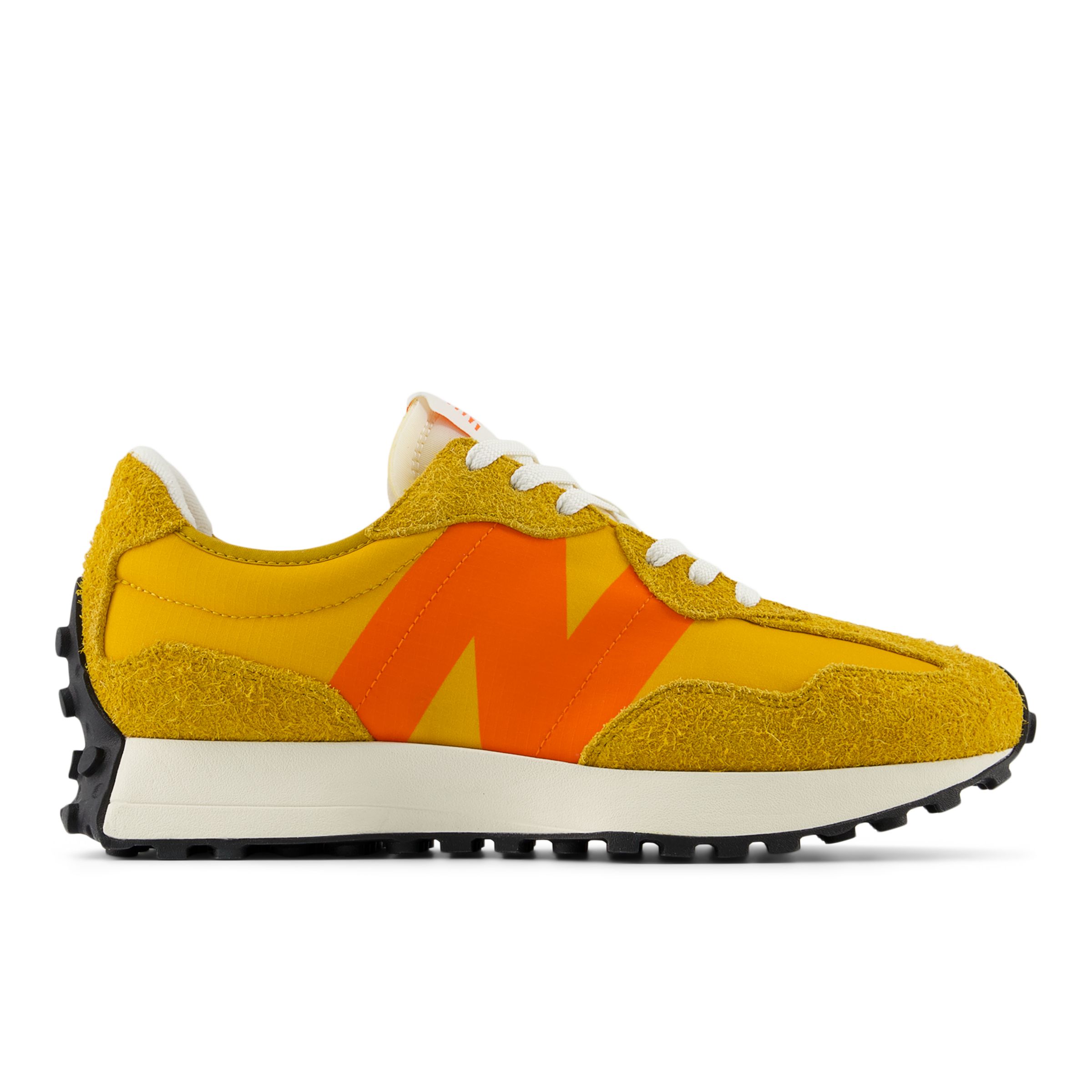 New Balance Unisex 327 in Brown/Yellow Suede/Mesh, size 5