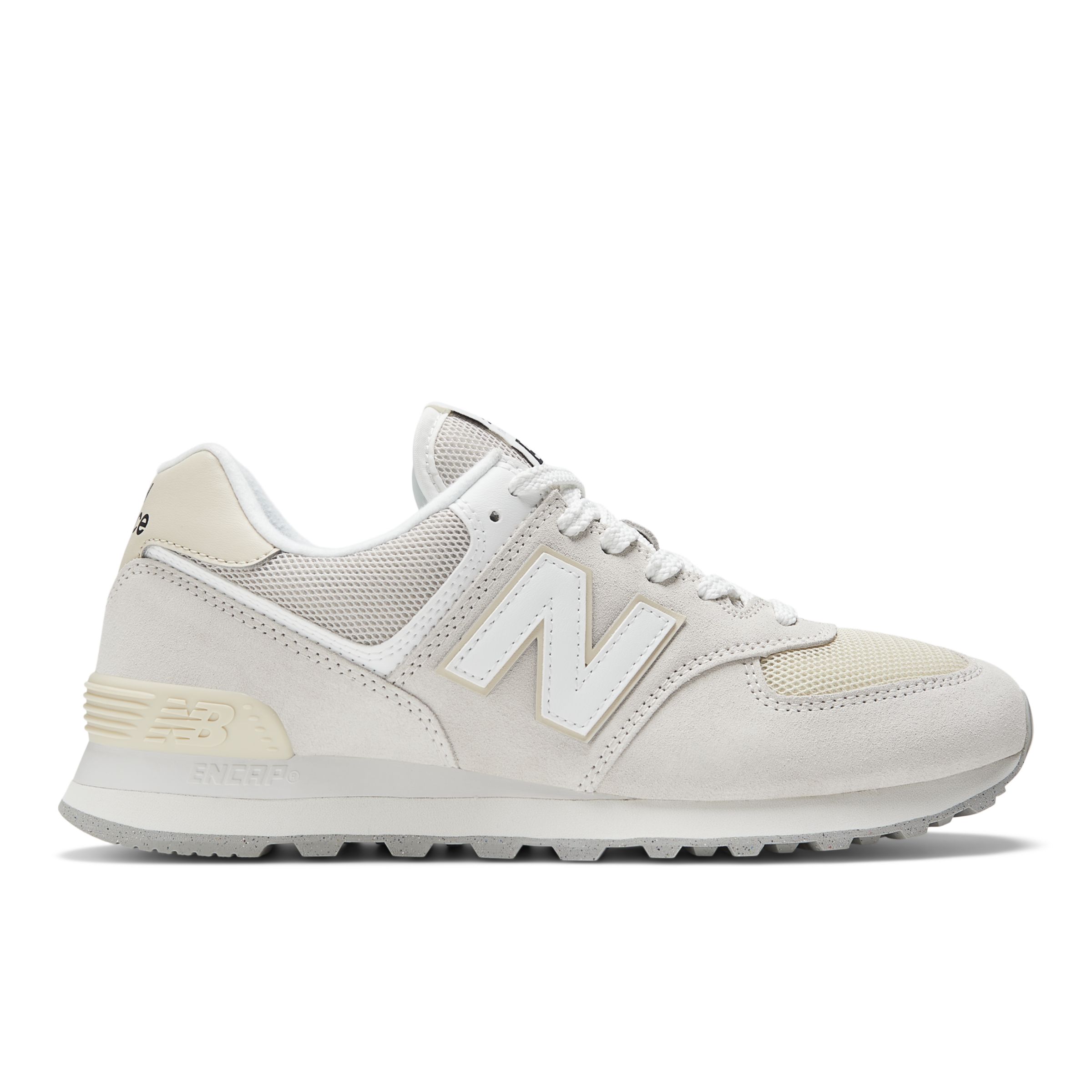 New Balance Unisex 574 in White/Grey Suede/Mesh, size 9.5