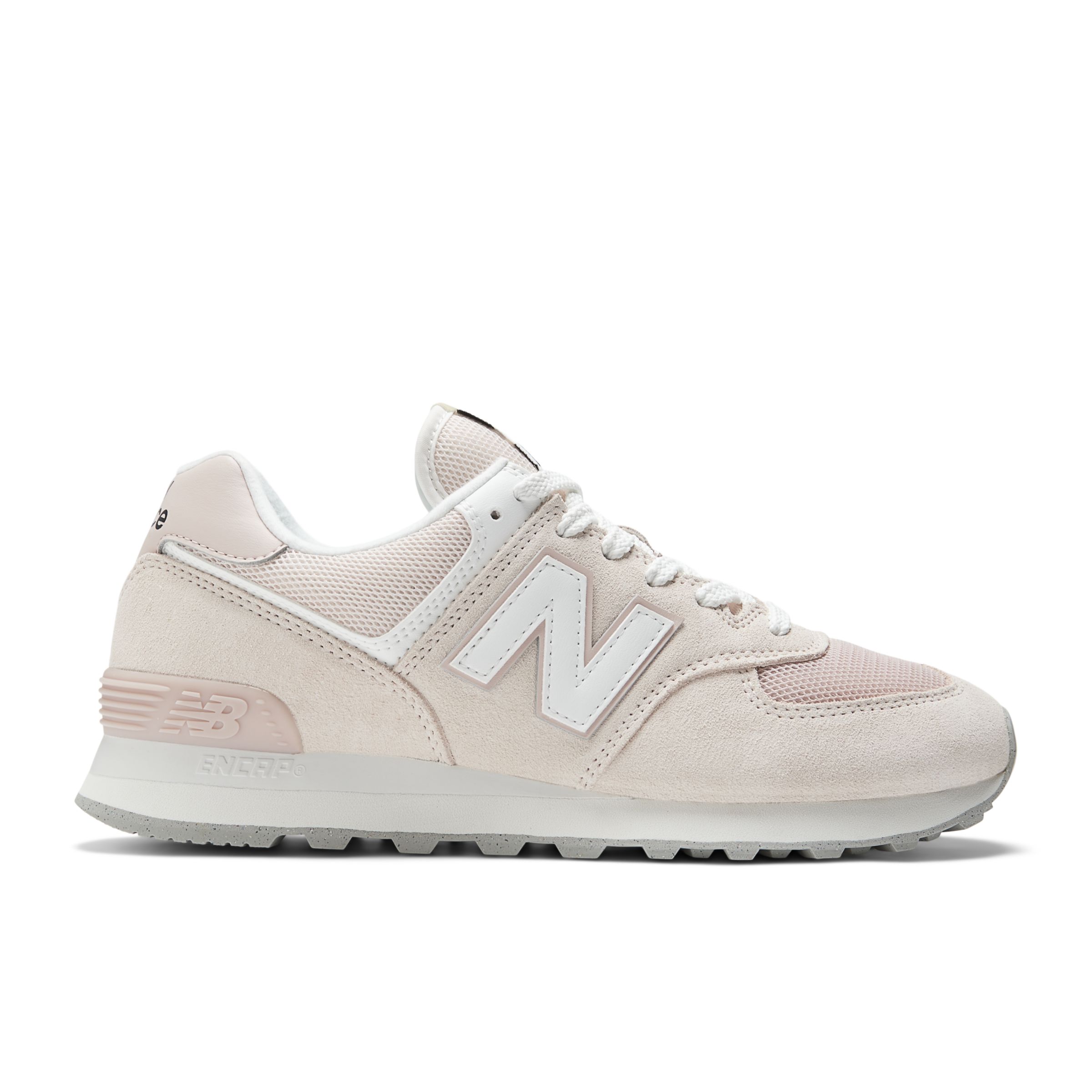 New Balance Unisex 574 in Pink/White Suede/Mesh, size 8