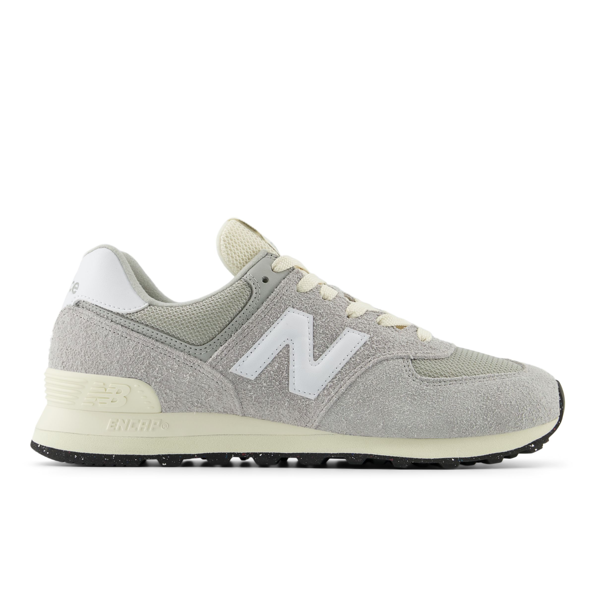 New Balance Unisex 574 in Grey/White/Beige Suede/Mesh, size 8