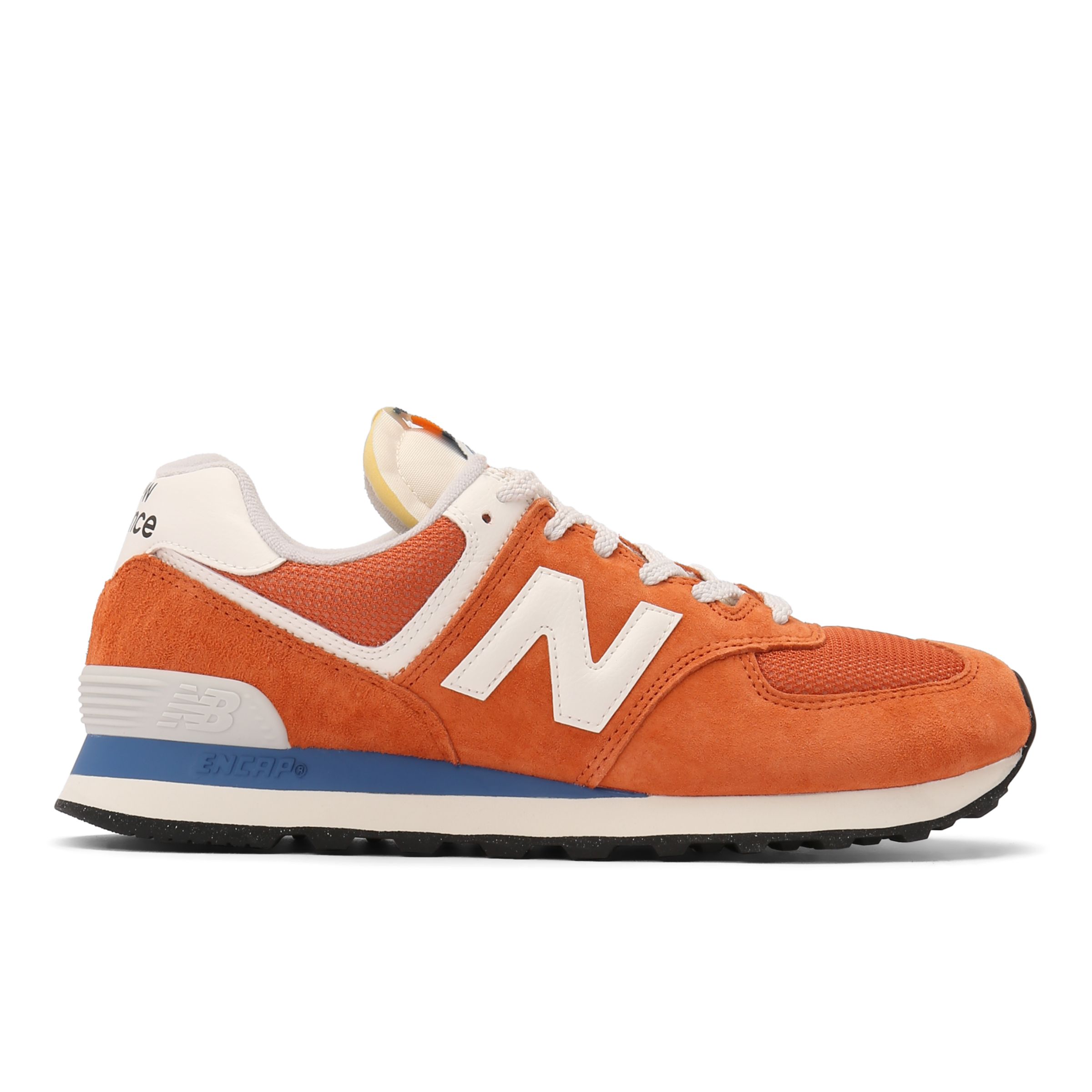 New Balance Unisex 574 in Orange/White Suede/Mesh, size 9.5