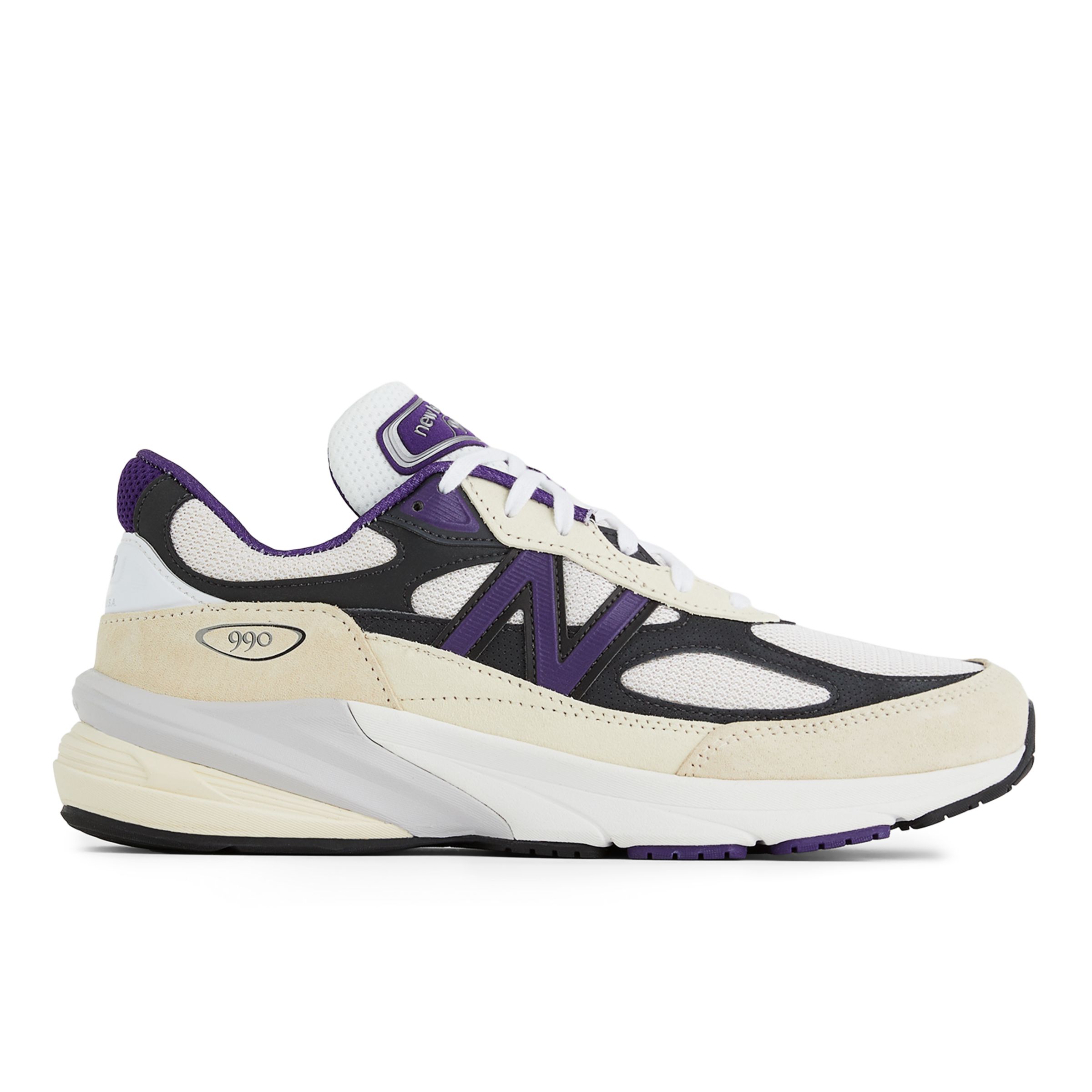 New Balance Unisex Made in USA 990v6 in White/Purple/Black Leather, size 9