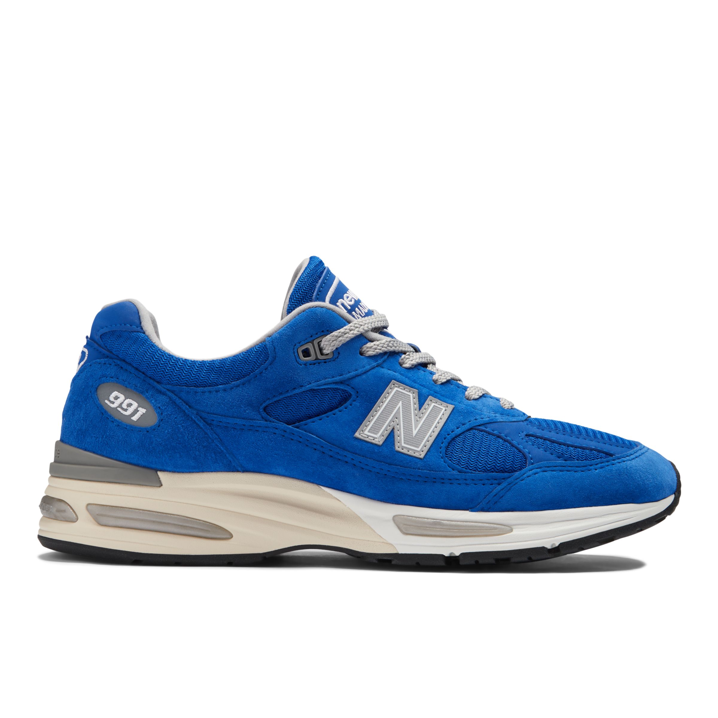 New Balance Unisex MADE in UK 991v2 Brights Revival in Blue/Grey/White Suede/Mesh, size 10.5