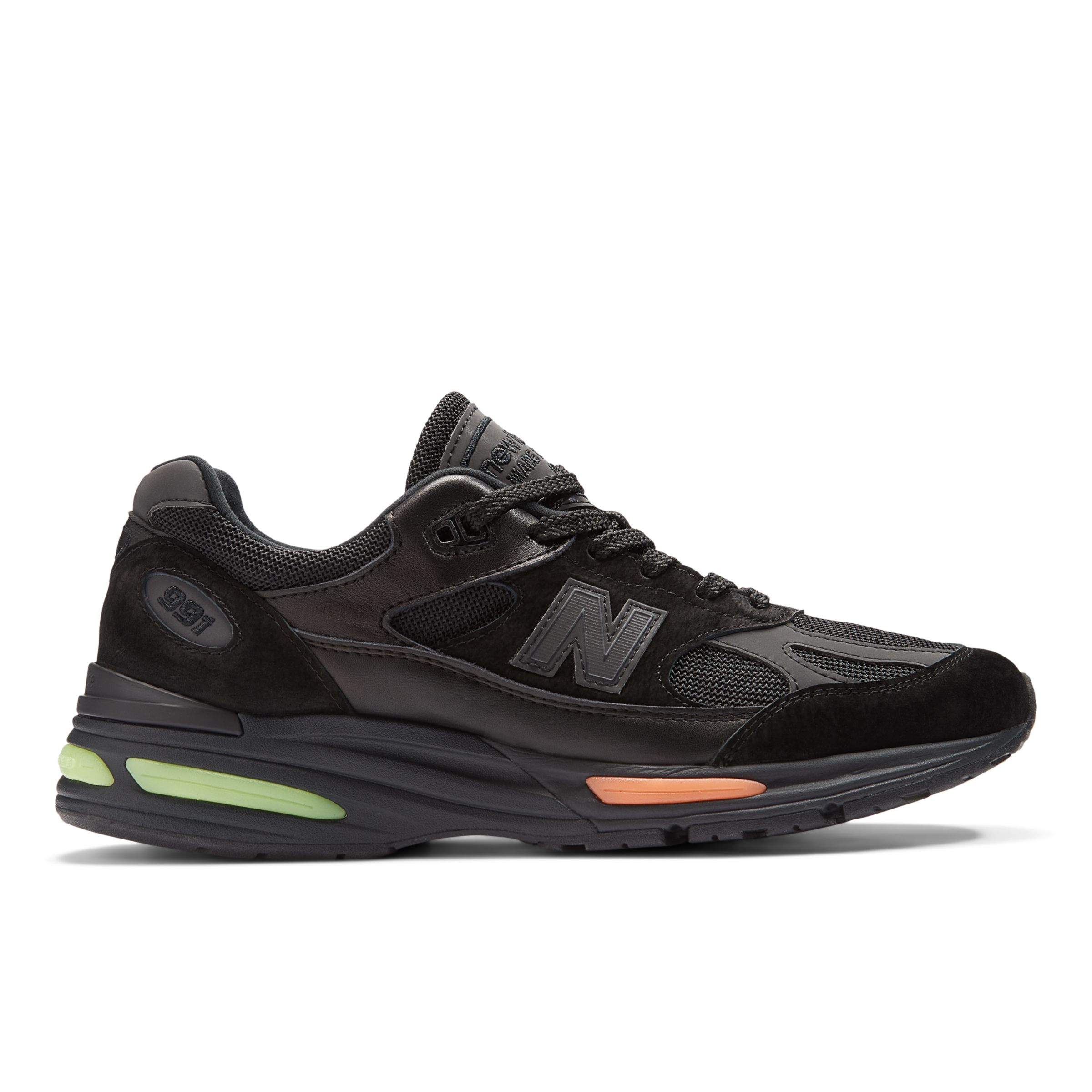 New Balance Unisex MADE in UK London Edition 991v2 in Black/Green/Orange Suede/Mesh, size 8