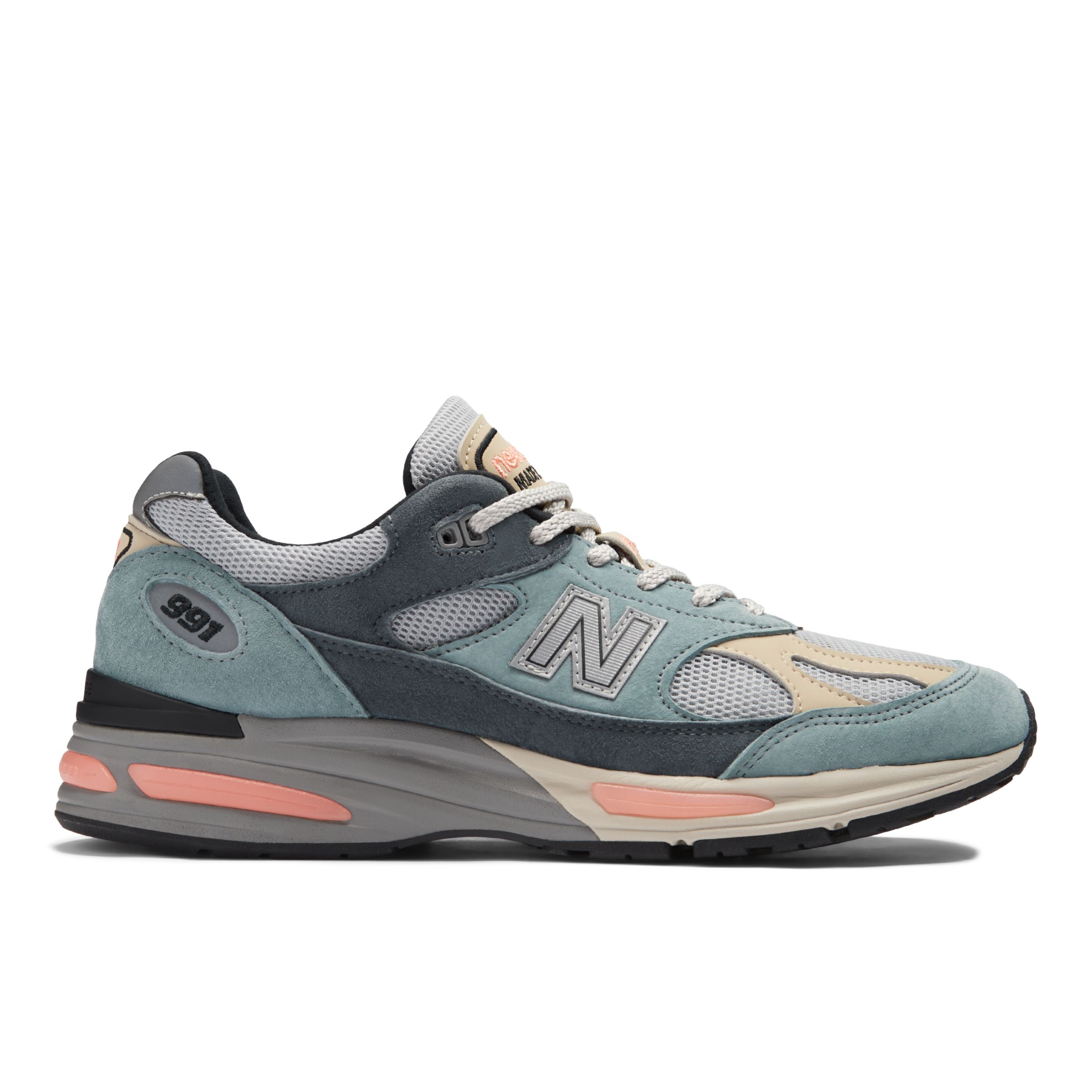 New Balance Unisex MADE in UK 991v2 in Blue/Grey/Orange Suede/Mesh, size 6