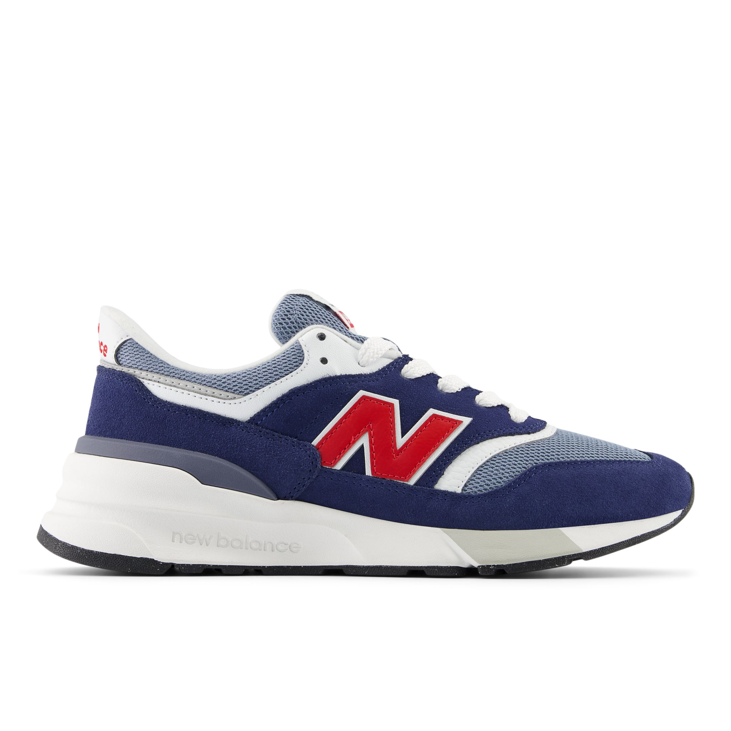 New Balance Men's 997R in Blue/Grey/Red Suede/Mesh, size 9.5