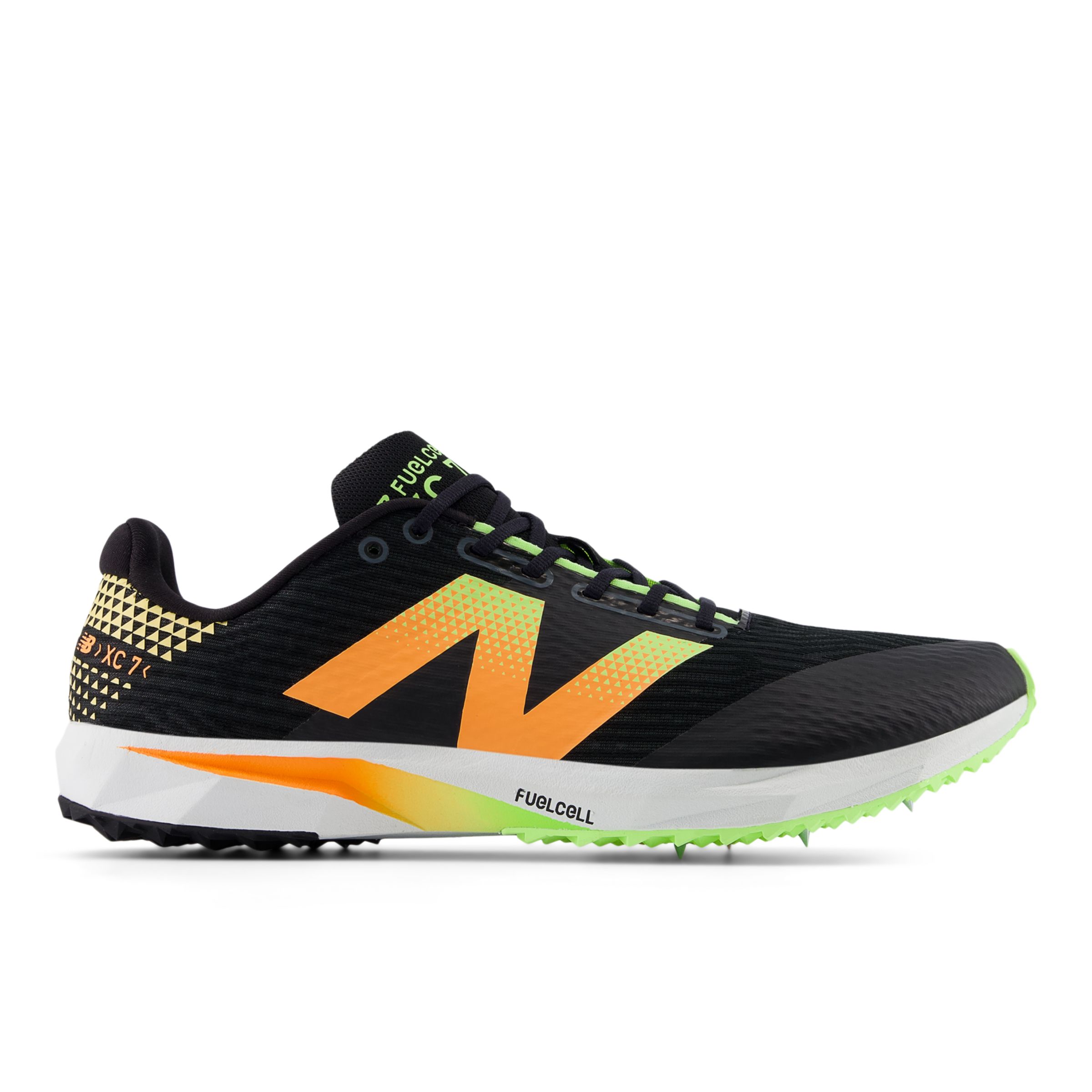 New Balance Unisex FuelCell XC7 v5 in Black/Green/Orange Synthetic, size 8.5