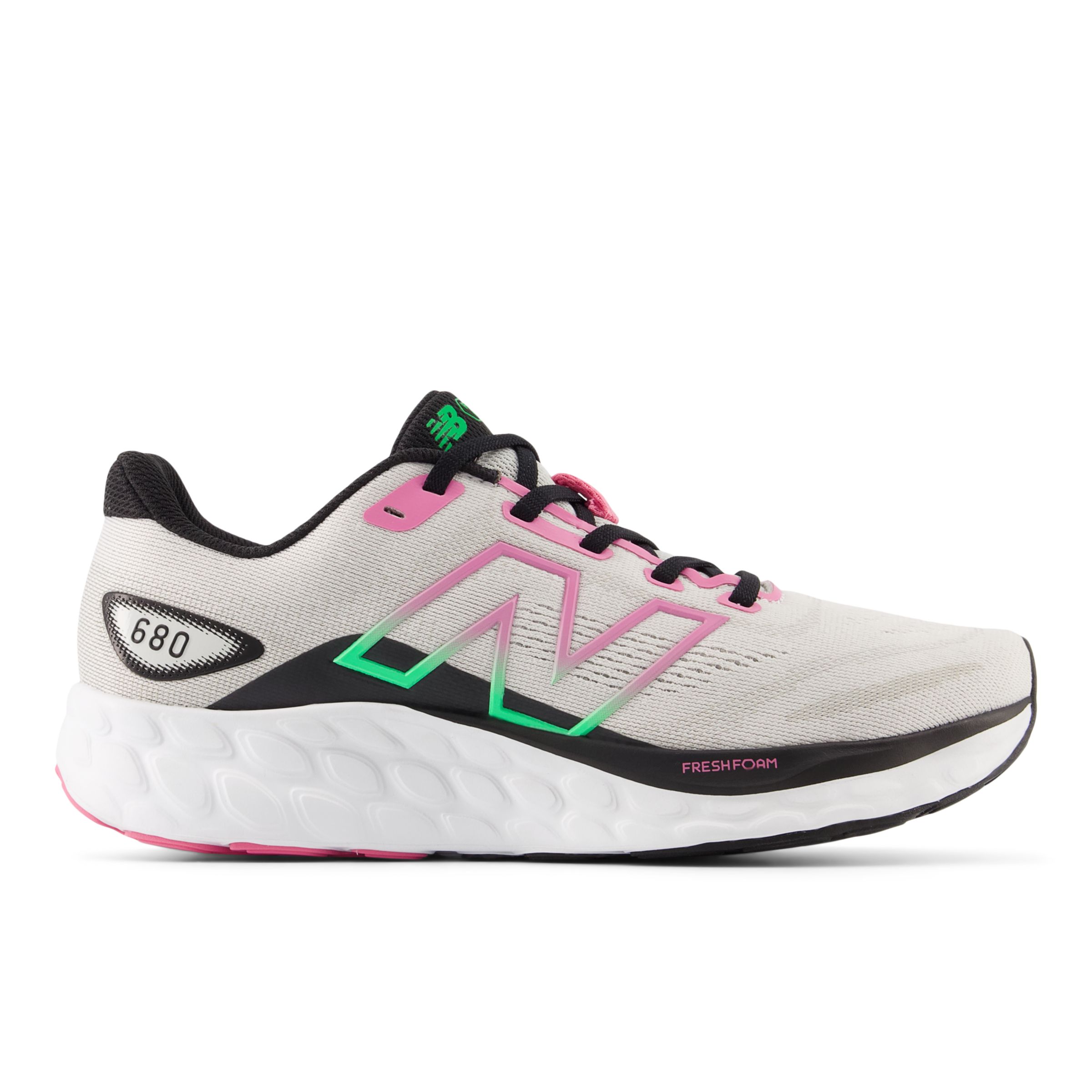 New Balance Women's Fresh Foam 680 v8 in Grey/Black/Pink/Green Textile, size 6 Narrow