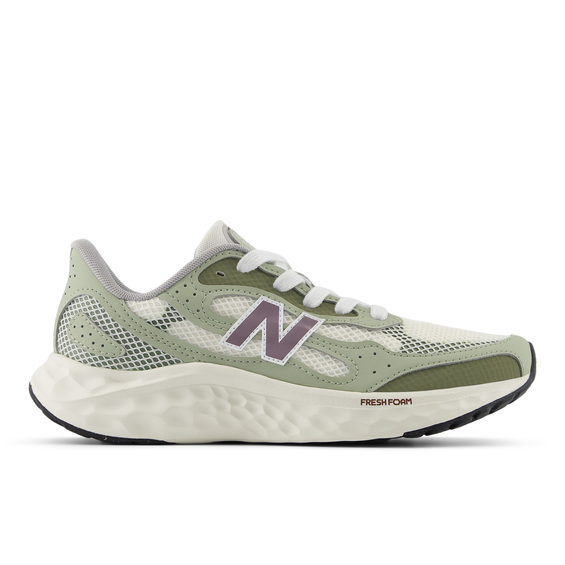 New Balance Women's Fresh Foam ARISHI v4 TIRALUX in White/Green/Purple Synthetic, size 3.5 Narrow