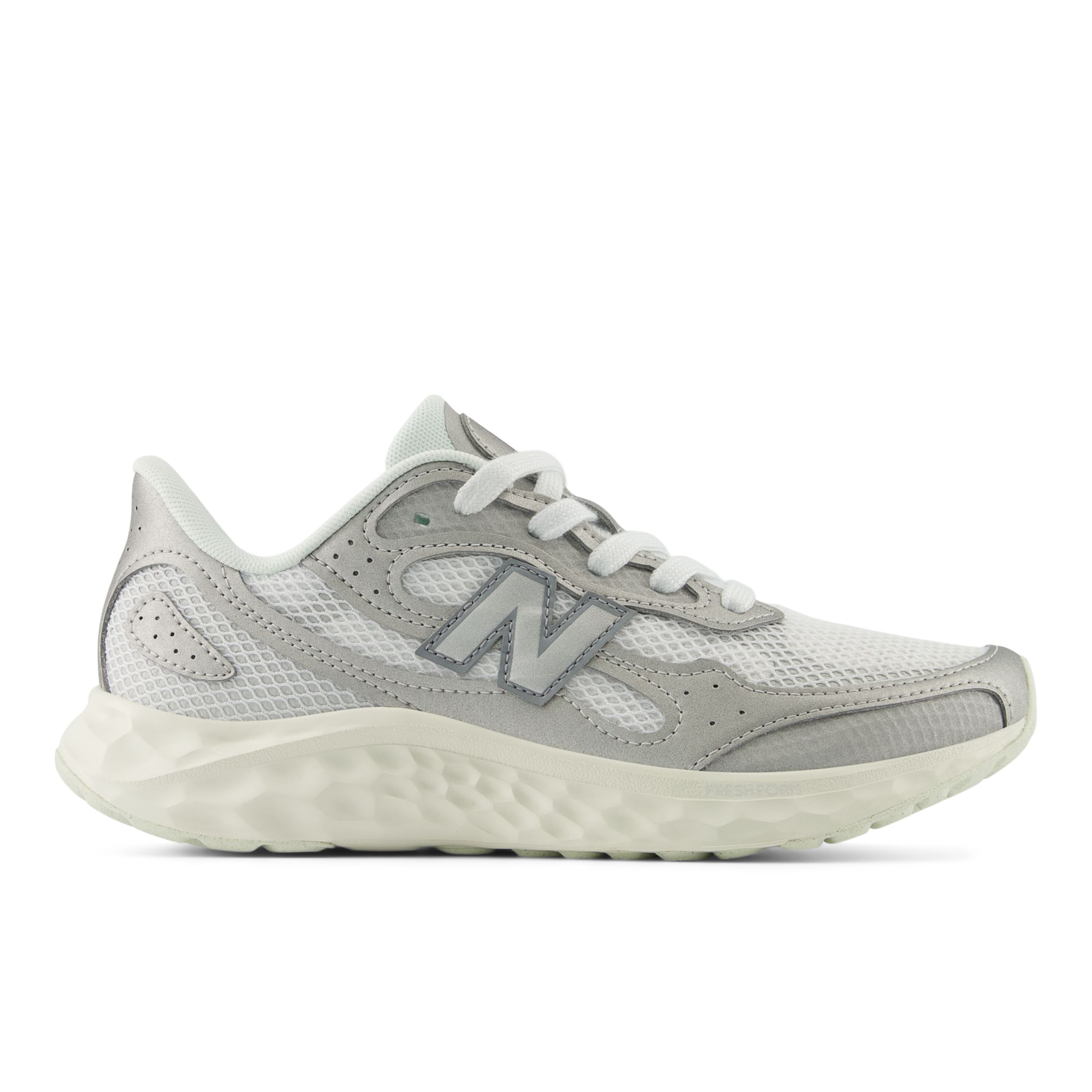 New Balance Women's Fresh Foam Arishi v4 TIRALUX in Grey/White Synthetic, size 4.5 Narrow