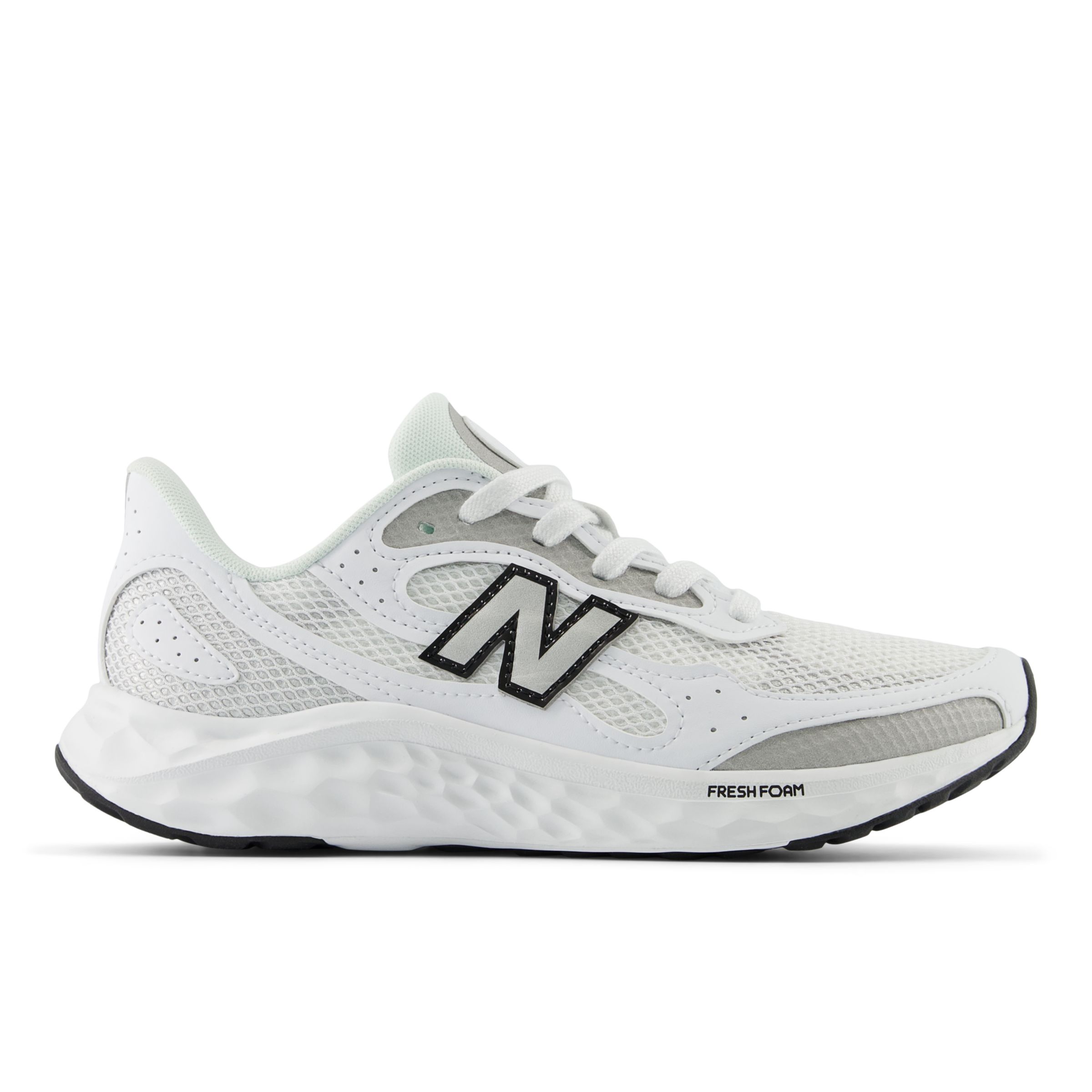 New Balance Women's Fresh Foam Arishi v4 TIRALUX in White/Grey/Black Synthetic, size 6.5 Narrow