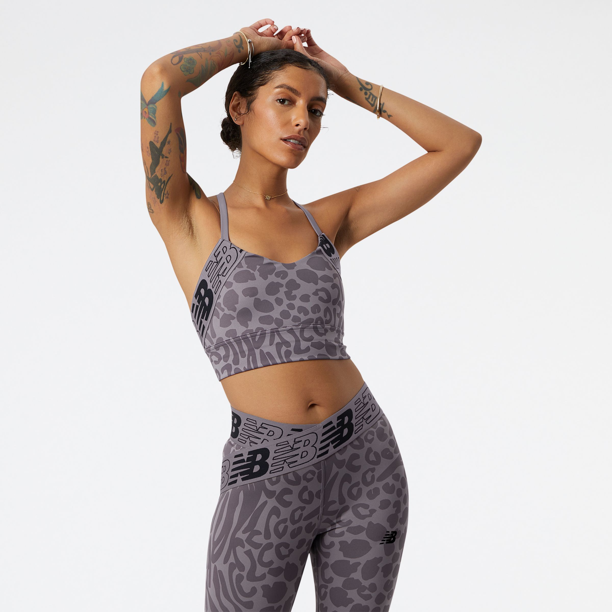 New Balance Mulheres Relentless Printed Crop Bra in Cinza, Poly Knit, Tamanho S