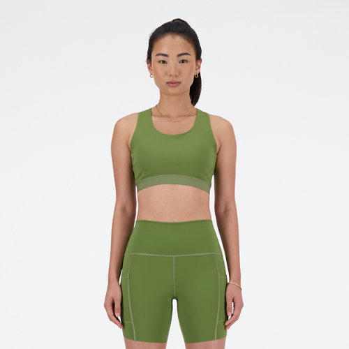 new balance femme nb sleek medium support pocket sports bra en vert, poly knit, taille l