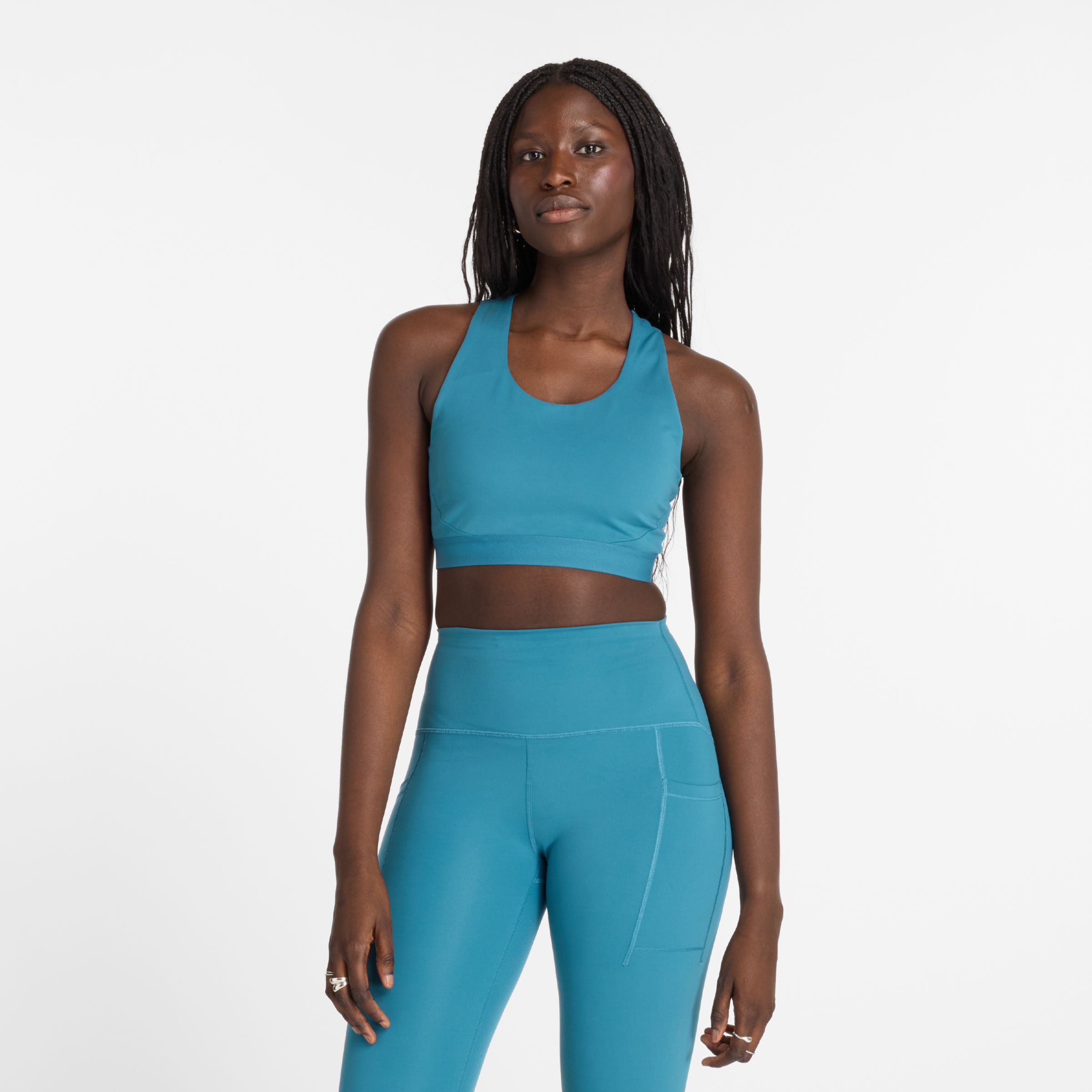 New Balance Women's NB Sleek Medium Support Pocket Sports Bra in Blue Poly Knit, size 2X-Large