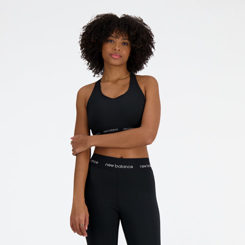 new balance femme nb sleek medium support sports bra en noir, poly knit, taille m