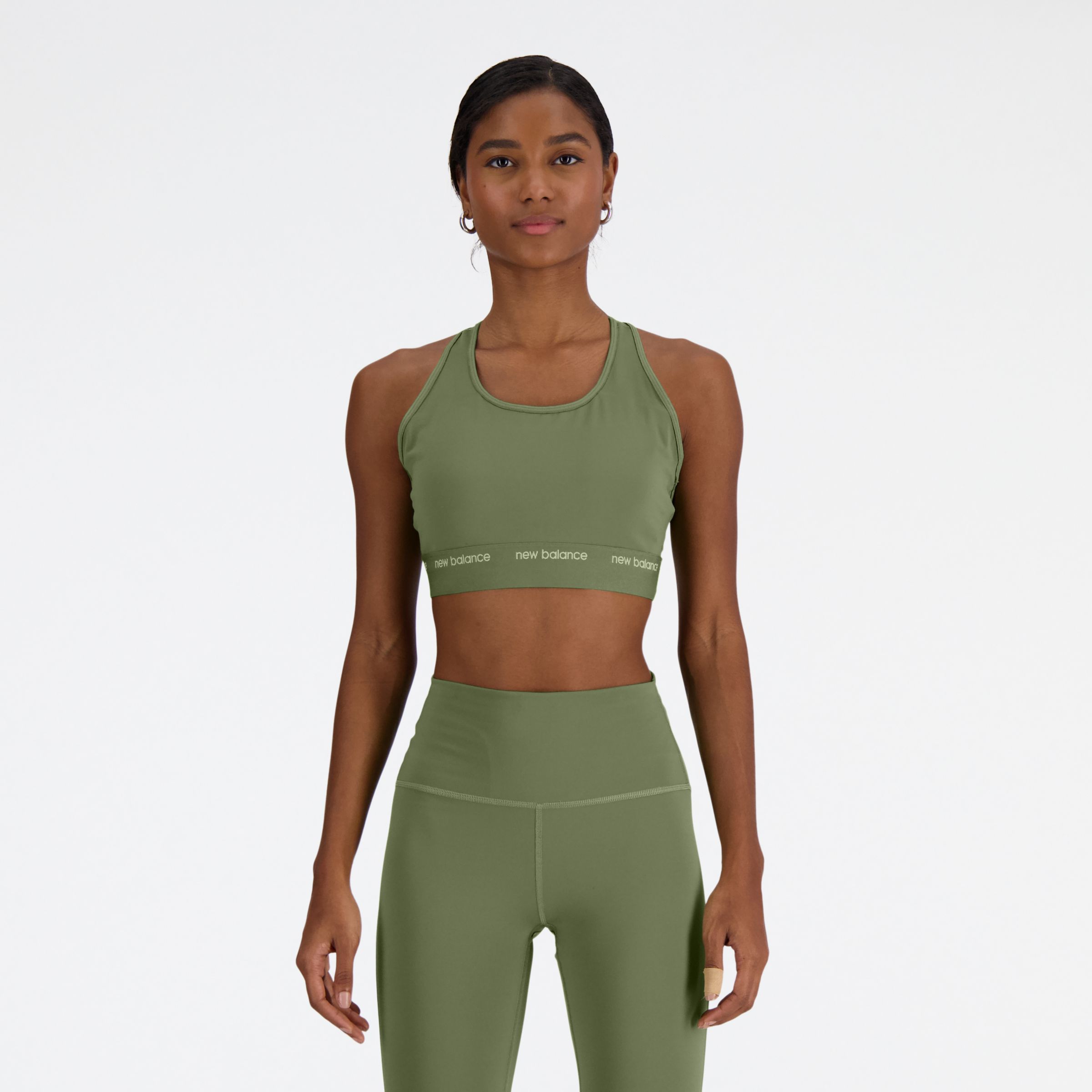 new balance femme nb sleek medium support sports bra en vert, poly knit, taille s