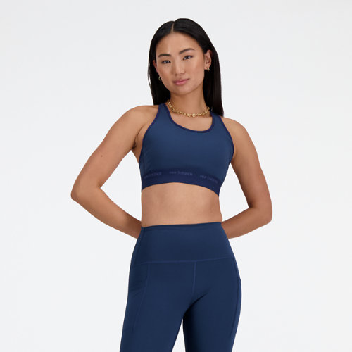 new balance femme nb sleek medium support sports bra en bleu, poly knit, taille xl