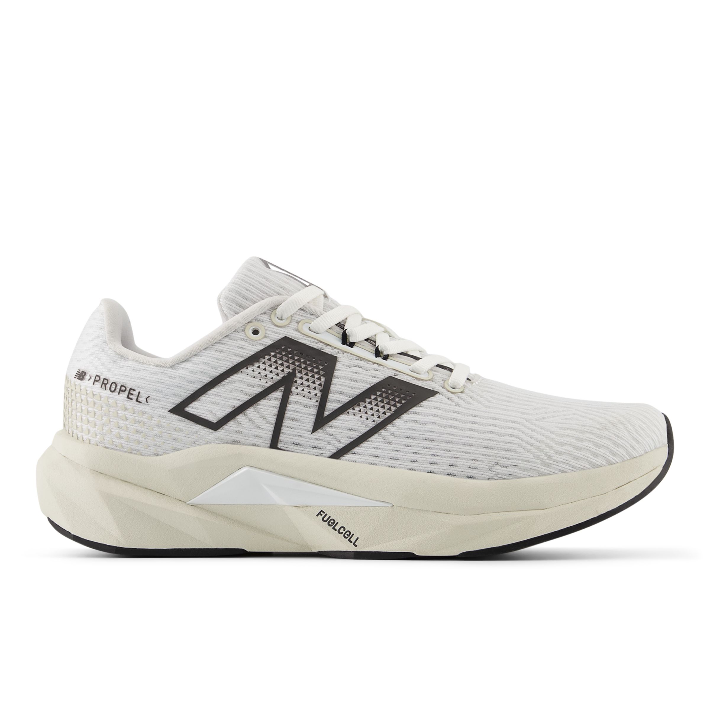 New Balance Women's FuelCell Propel v5 in White/Brown/Black Synthetic, size 6.5 Narrow