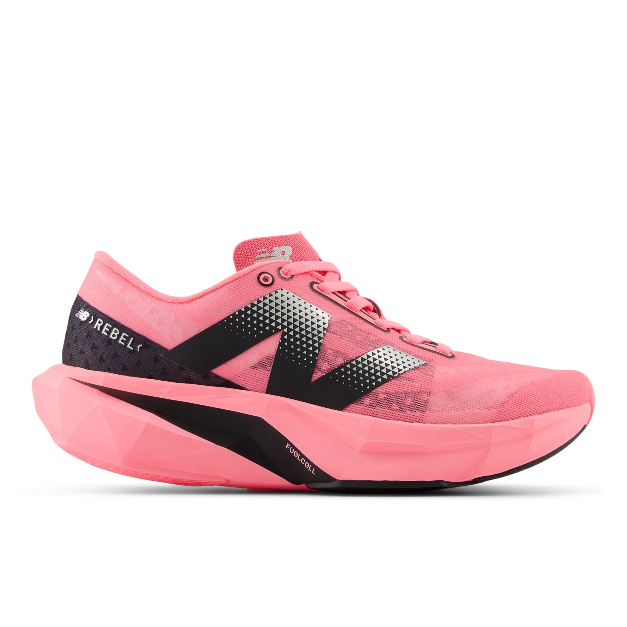 New Balance Women's FuelCell Rebel v4 in Pink/Black/White Synthetic, size 4.5 Narrow