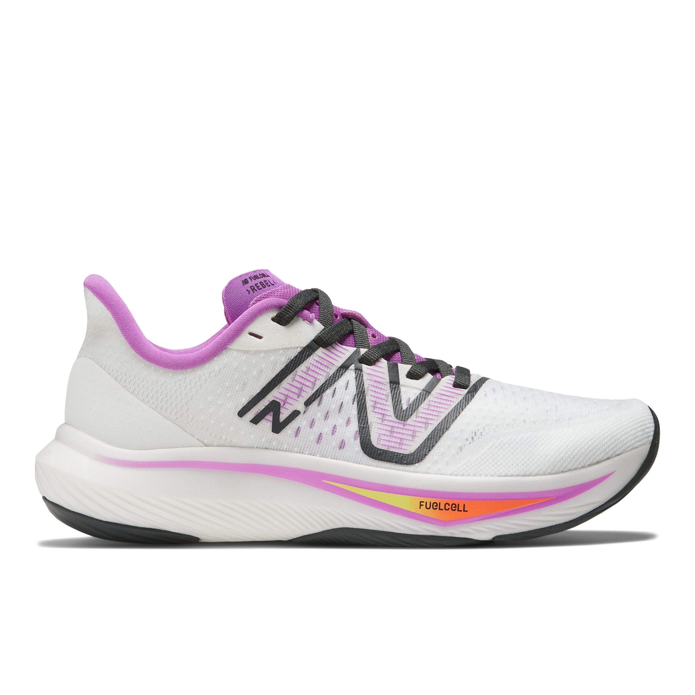 New Balance Women's FuelCell Rebel v3 in White/Pink/Grey Synthetic, size 9 Narrow