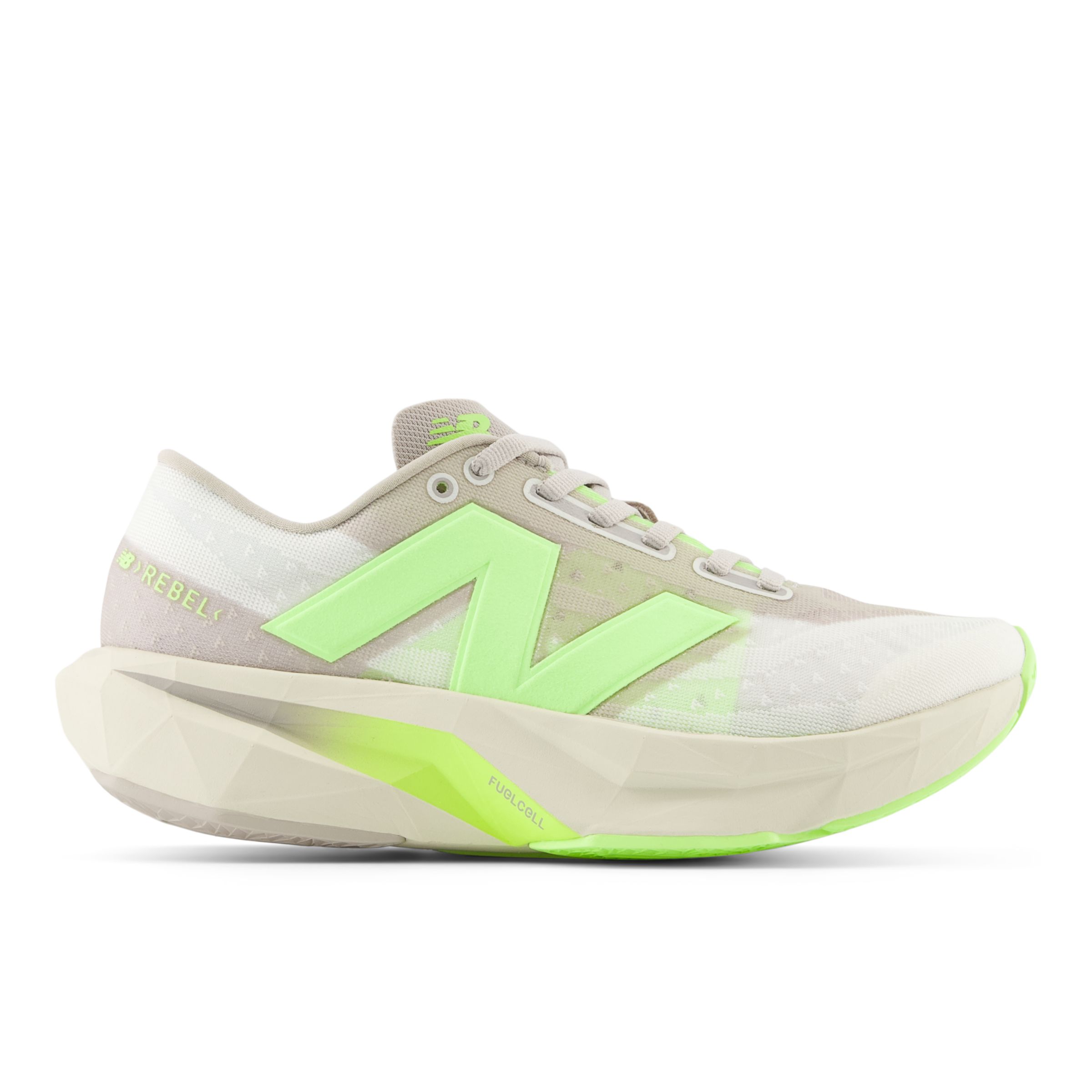 New Balance Women's FuelCell Rebel v4 in Grey/Green/White Synthetic, size 5.5 Narrow