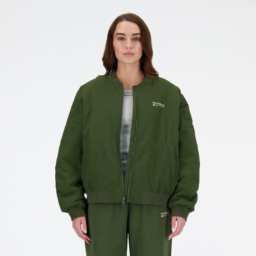 new balance femme linear heritage woven bomber jacket en vert, polywoven, taille 2xl