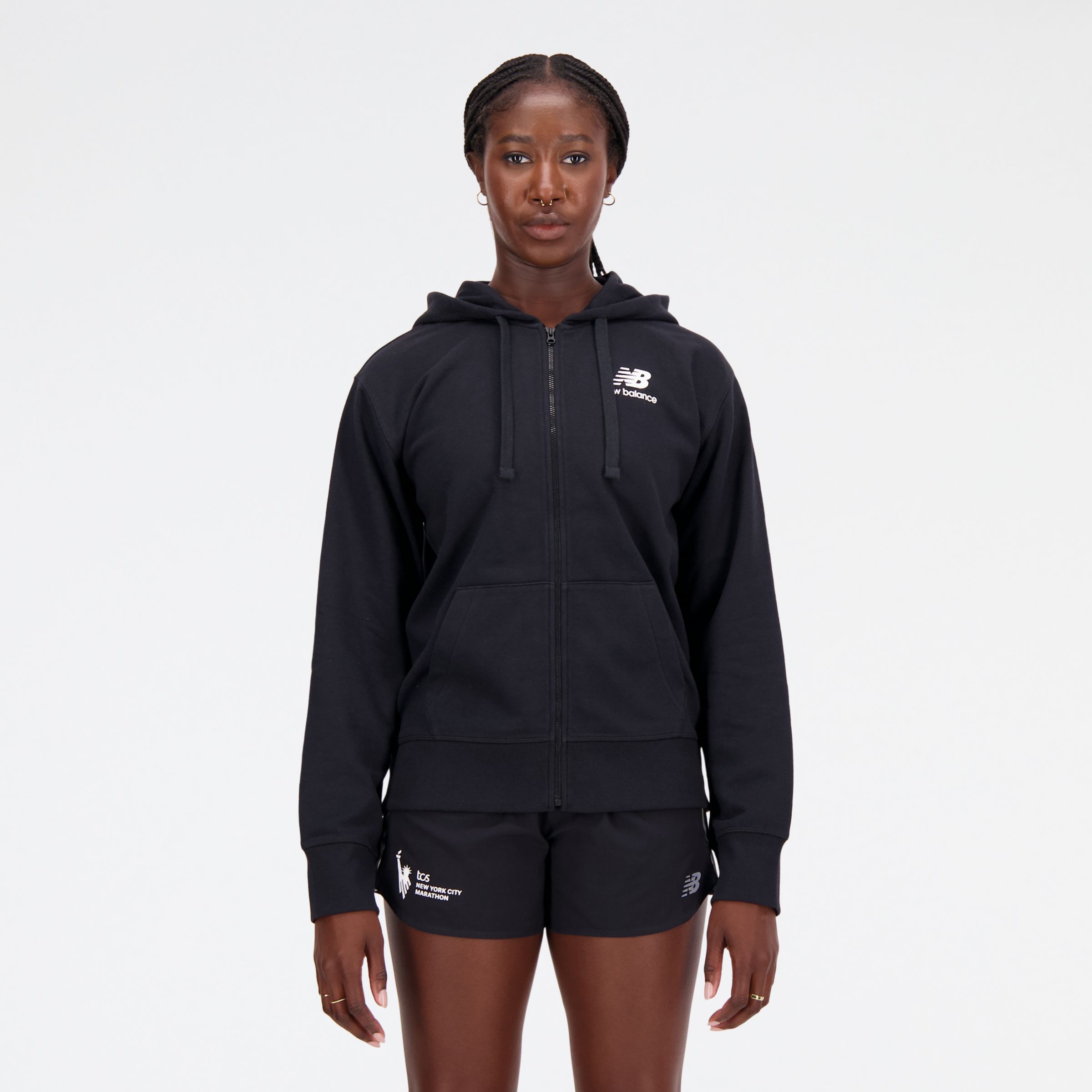 

New Balance Women's NYC Marathon NB Essentials Stacked Logo Full Zip Hoodie Black - Black