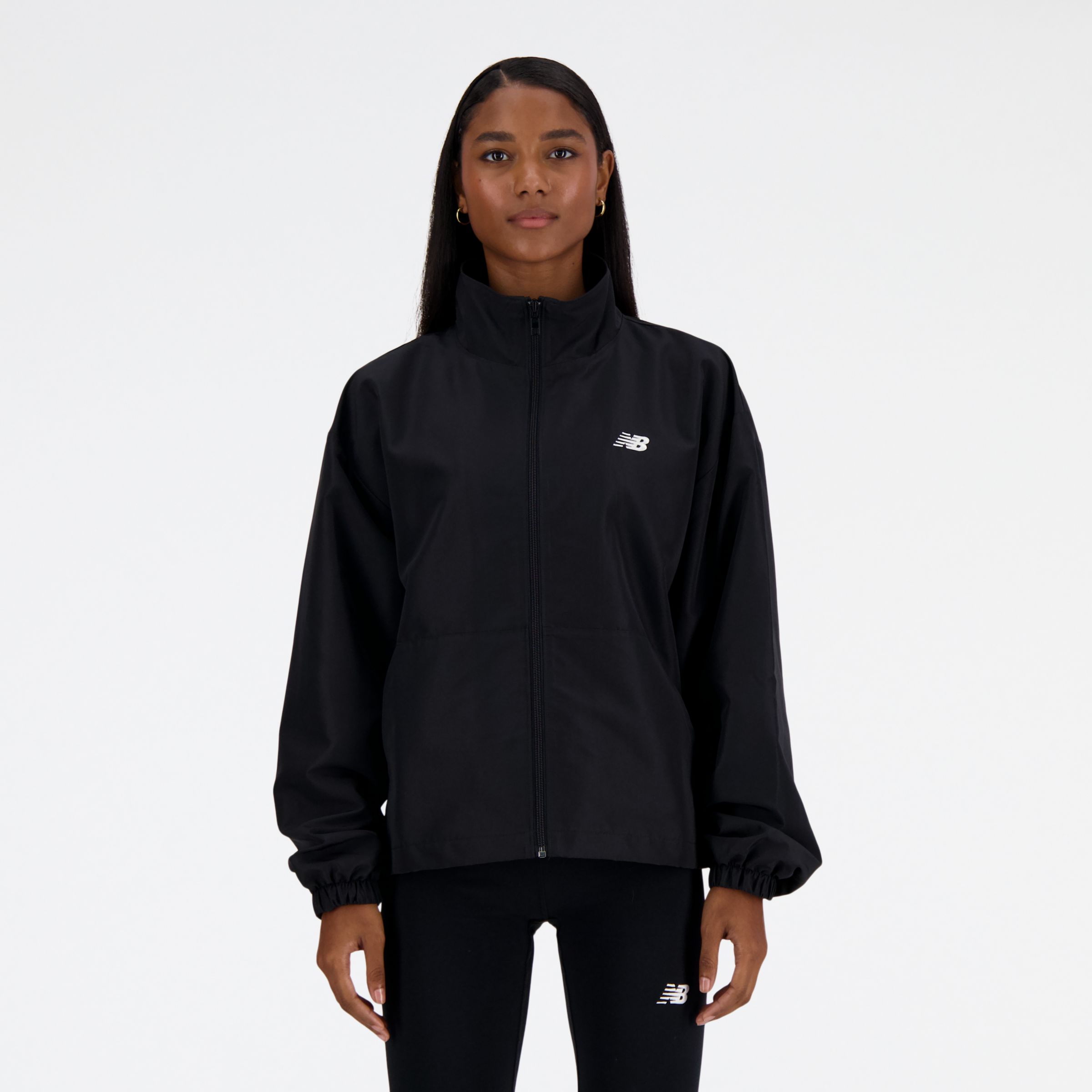 New Balance Women's Sport Essentials Oversized Jacket in Black Polywoven, size X-Small