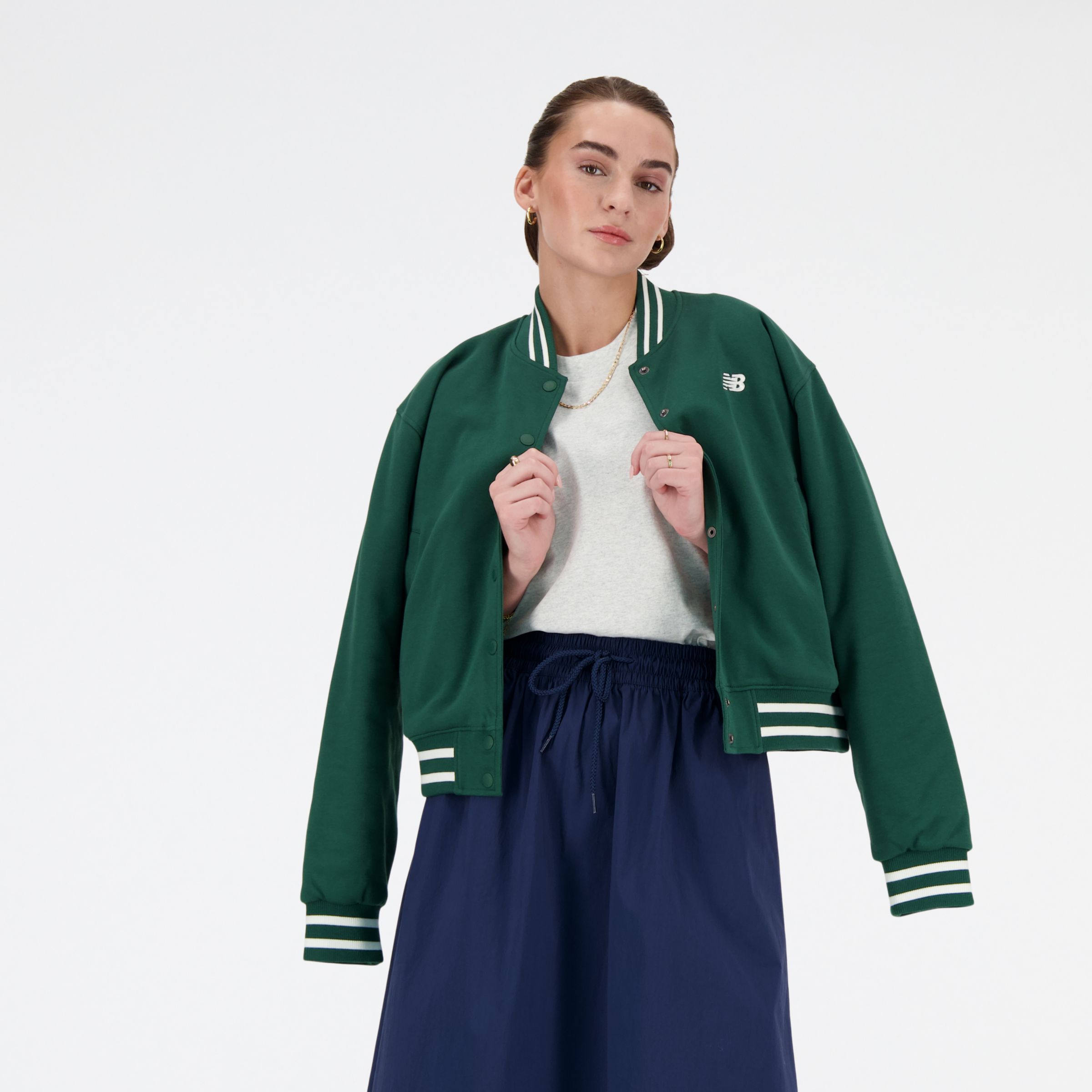 Shop New Balance Women's Sportswear's Greatest Hits Varsity Jacket In Green